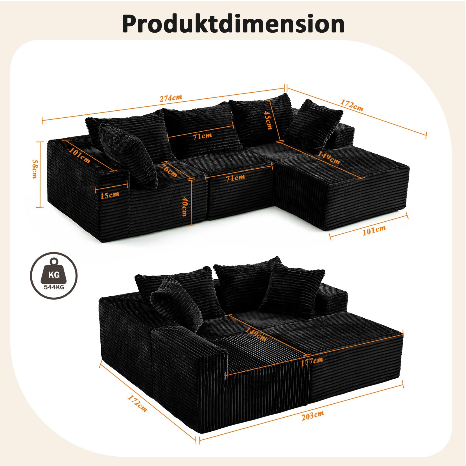 Vamcheer Modulares Ecksofa mit Schlaffunktion – L-Form Sofa als Wohnlandschaft, Big Sofa im Cloud Couch und Boneless Couch Design, Sofas & Couches fürs Wohnzimmer, Schwarz