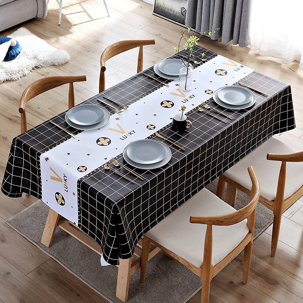 Nappe de table anti-tache en PVC noir Lucky Flower 140x220 cm facile à nettoyer