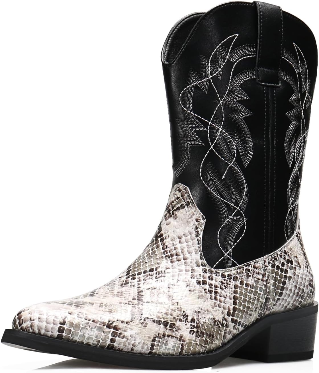 Python Manning Men's Boots Cowboy for Men Classic Pointed Toe Western Pull Up Snakeskin Embroidered Mid-Calf Boots