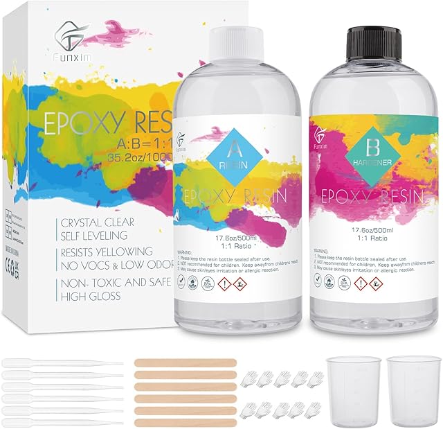 Epoxy Resin Kit, 1000ml/35.2oz Clear Epoxy Resin Crystal, Easy Mix 1:1 Ratio Epoxy Resin and Hardener with Measuring Cup, Dropper, Wooden Sticks, Gloves for Jewelry Making, Art, Craft Decoration