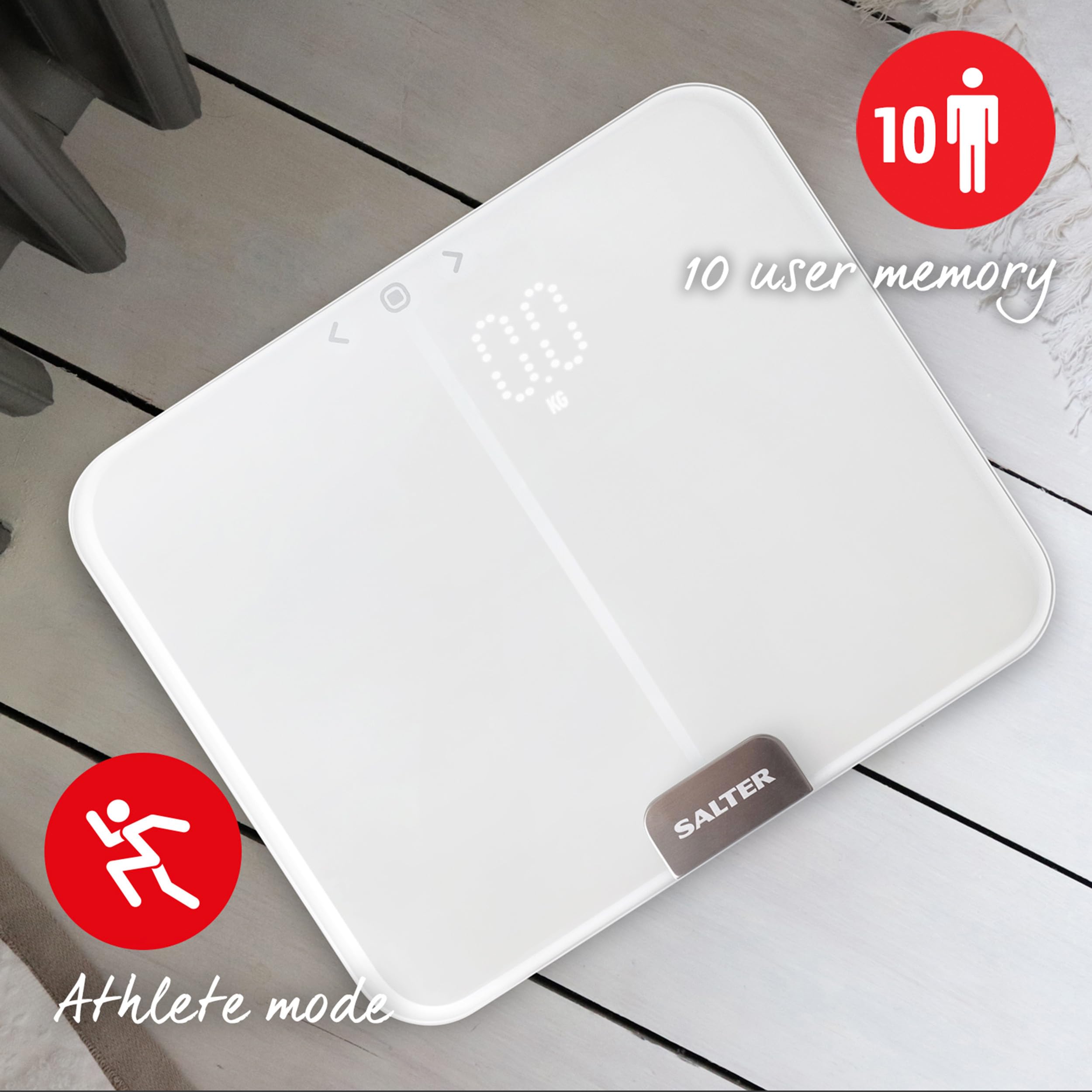 Salter 9164 WH3R Ghost Balance Impédancemètre Compact, Pèse Personne Numérique, Mesure Poids, Masse Grasse et Maigre/Masse Osseuse/IMC/MB/Muscle, Mode Athlète, Mémoire 10 Utilisateurs, Blanc