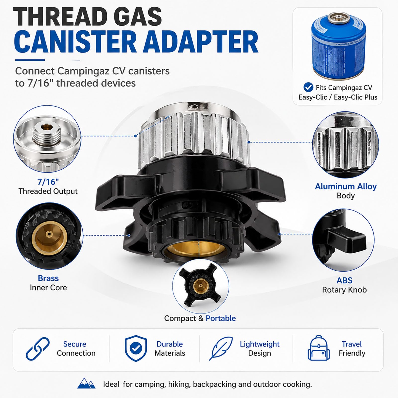Adapter do butli gazowej kompatybilny z Campingaz CV Easy-Click/CV Gasflasc, zawór śrubowy 7/16", przyłącze gwintowane, hermetyczne połączenie ze stopu metali do kuchenek kempingowych i