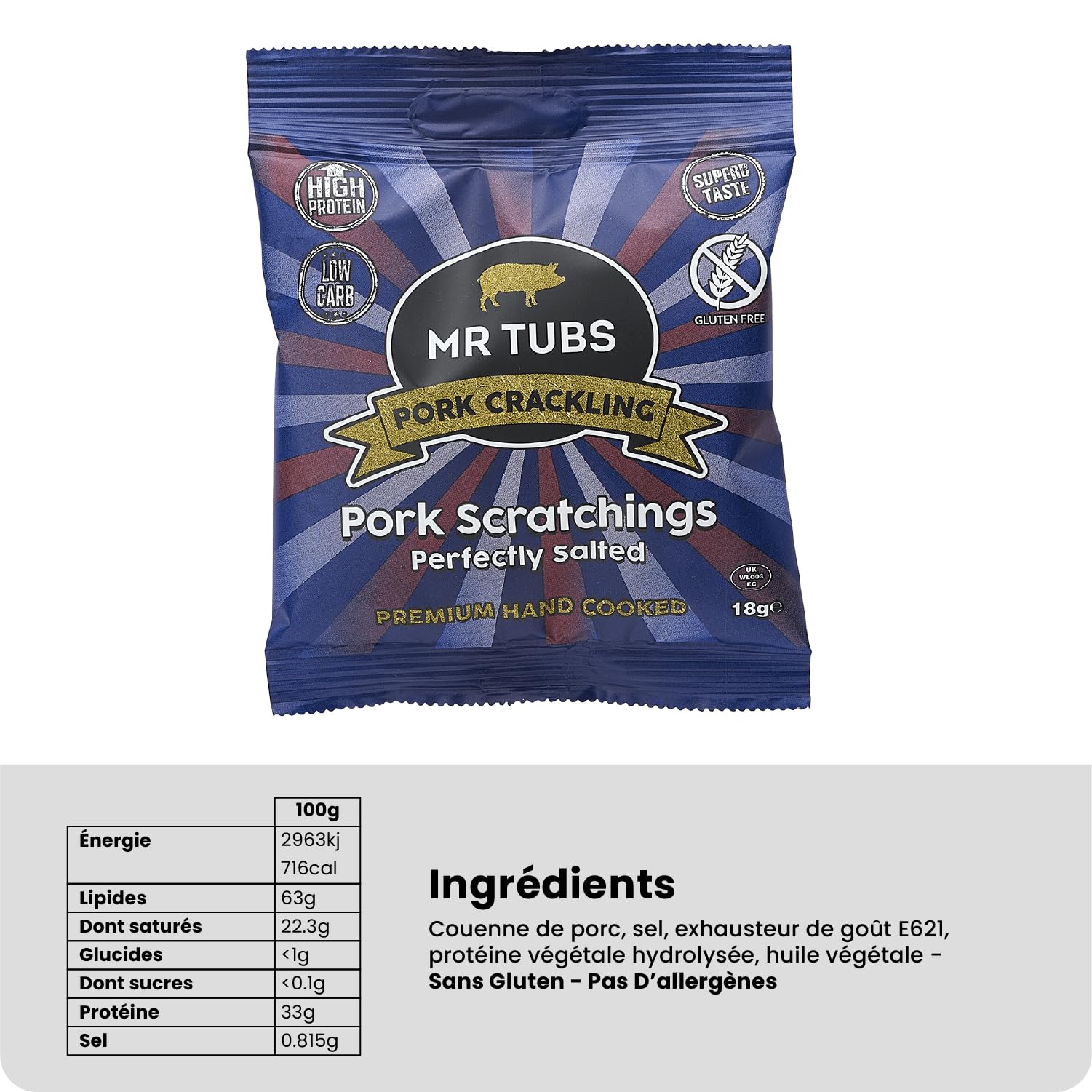 Grattons de Porc de Qualité Mr Tubs Premium Pork Scratchings – Sans Gluten – Salés A La Perfection, 20 Sachets De 18 G – Style Pub, Faible Teneur En Glucides (20 sachets de 18 g)
