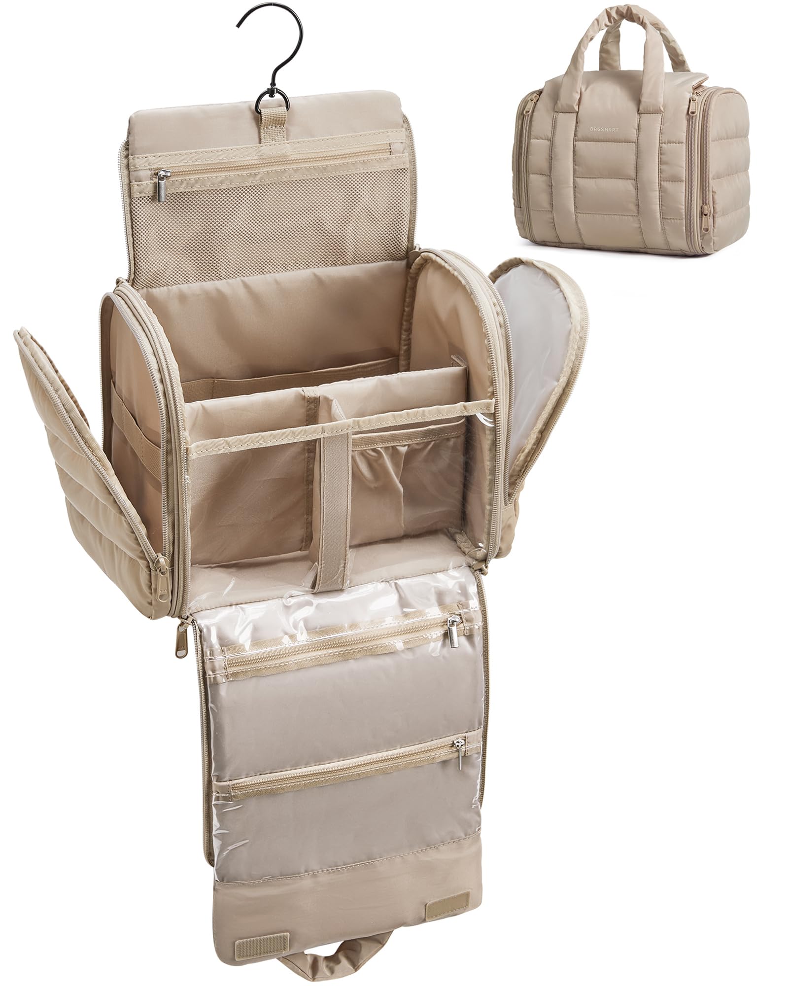 BAGSMART Puffy Travel Makeup Bag, Portable Hanging Toiletry Organizer with Removable Partition, Organizer for Travel-Sized Shampoo, Conditioner,