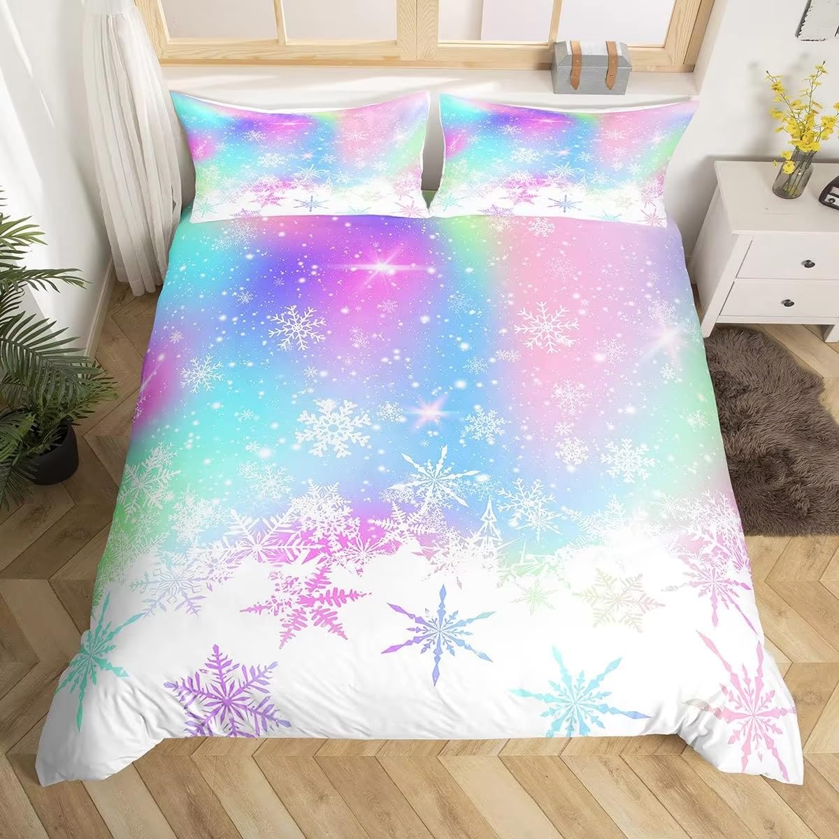 Housse de couette haut de gamme 260x240 flocons de neige arc-en-ciel confort super king