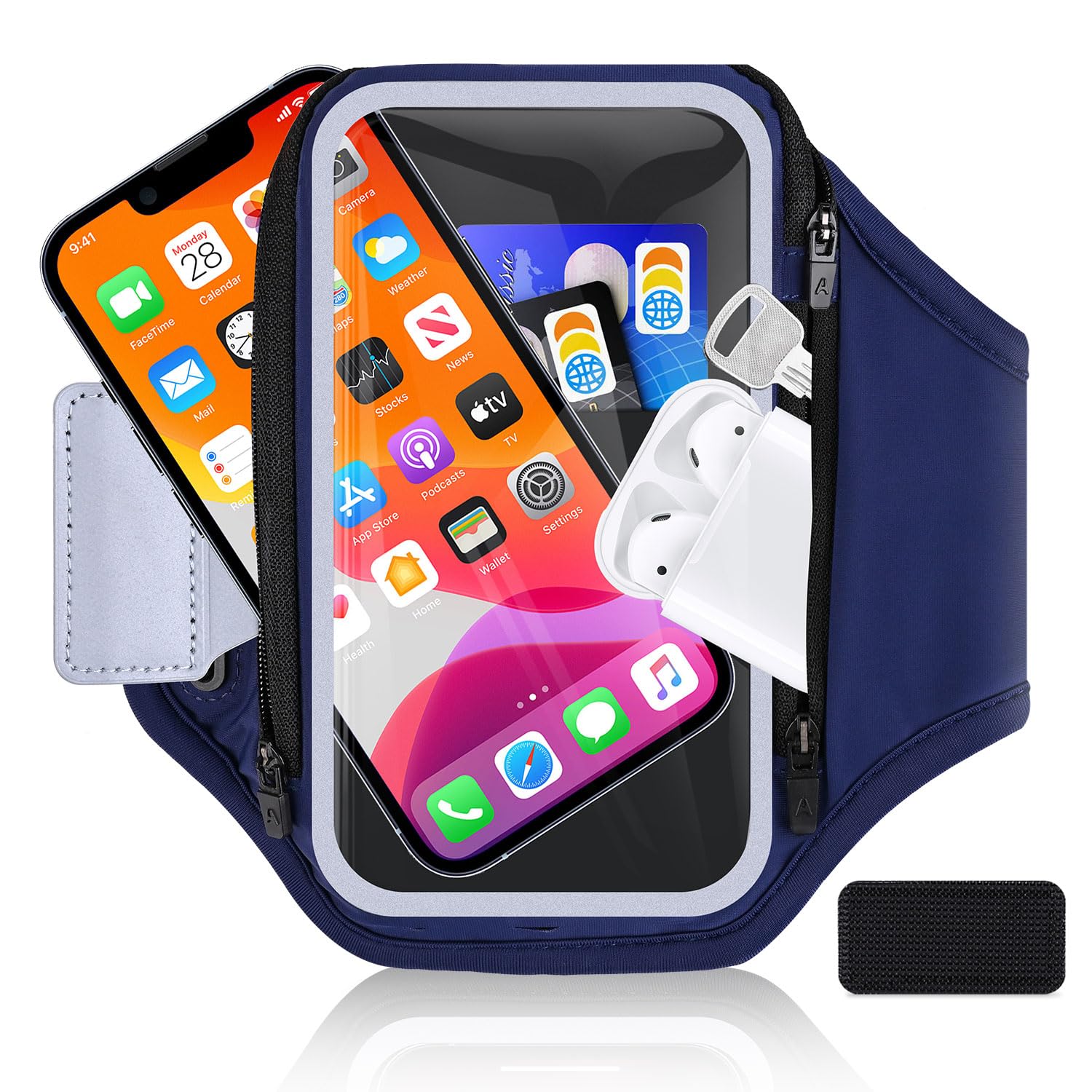 Uchwyt na telefon 6.8'' do biegania z kieszenią na słuchawki RAZOBWS. Uchwyt na ramię dla iPhone 15 14 13 12 11 Plus Pro Max oraz Galaxy S20 - S24 Ultra. Wodoodporny z kieszenią na kluczyki
