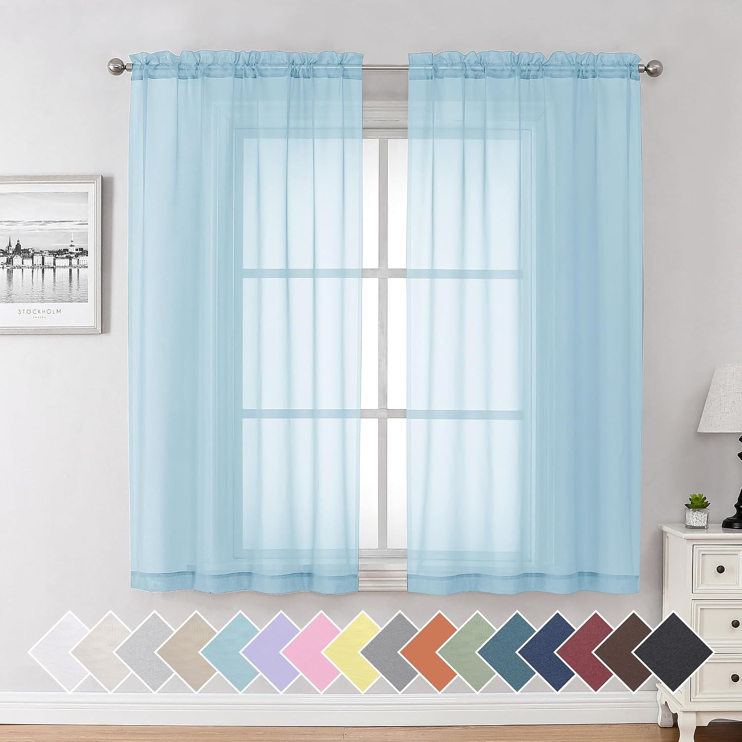 aiyufeng 2 pack: basic sky blue sheer curtain drapes 63 inch length 2 panels for living room, light filtering voile drapes for bedroom, patio, sliding door, each 40" w x 63" l 40"w x 63"l (pack of 2) sky blue