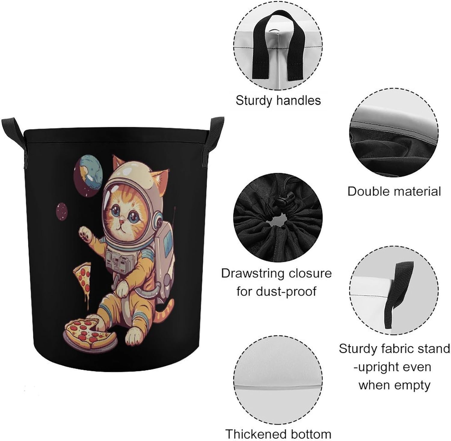 Funny Cat Flying A Pizza Astronaut Laundry Basket Dirty Clothes Hamper Storage Laundry Bag with Handles for Dorm Room 44x35cm