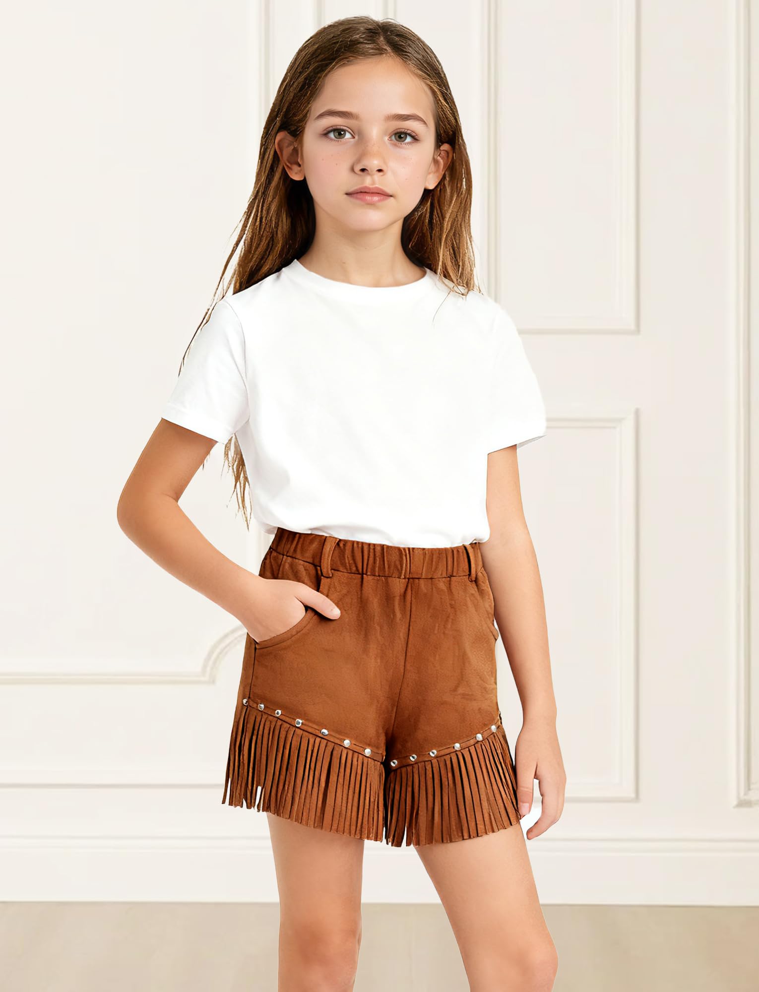 Maeau Pantaloncini da ragazza in finta pelle scamosciata con frange pantaloncini con nappe abiti da cowgirl con tasche rivetti pantaloni corti Boho