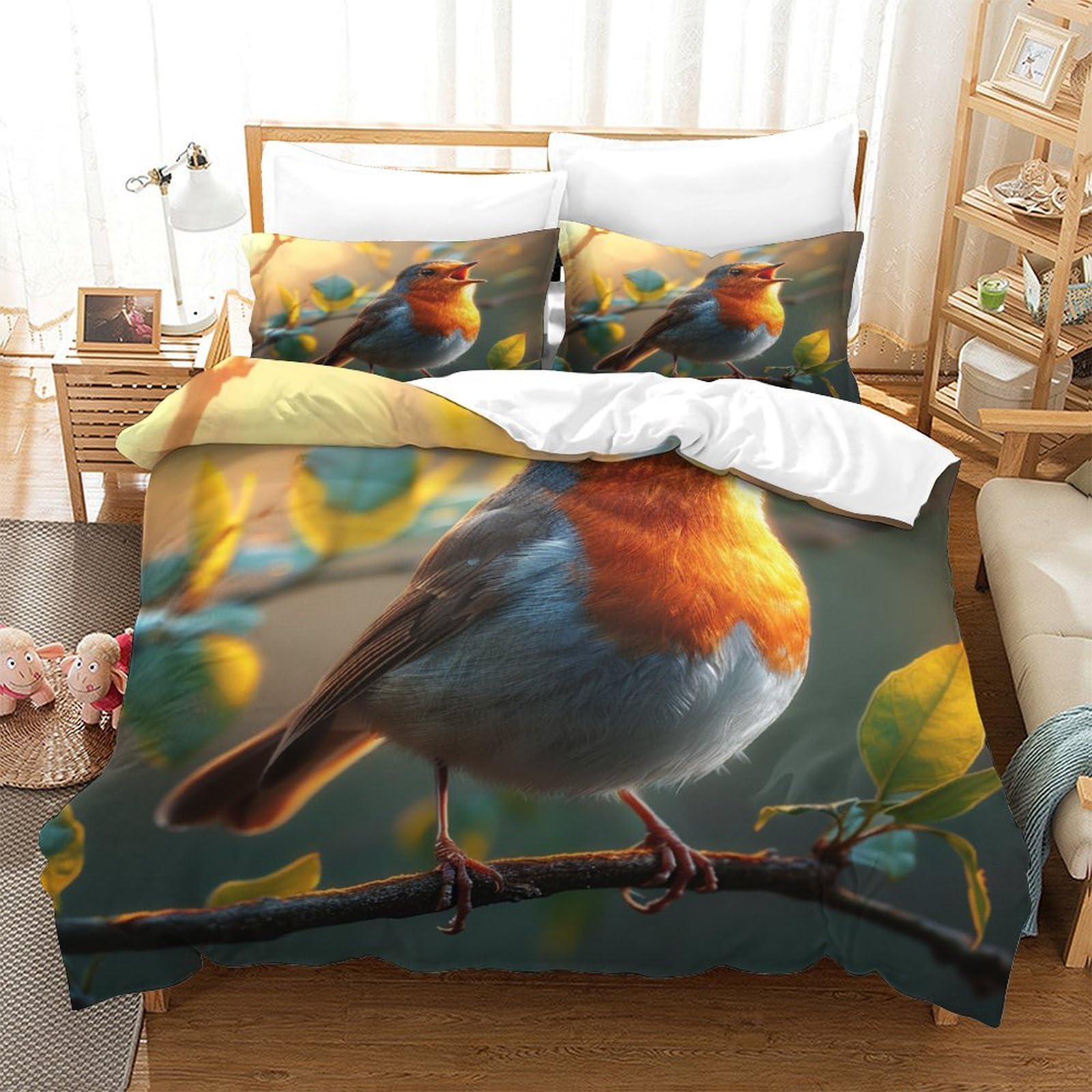 OPANZYYDE Robin Bird Duvet Cover Set 3 PCS Hotel Quality Quilt Cover Bed Sets Bed Covers with Pillowcases with Zipper Closure Ultra Soft Anti Allergic Microfiber Single（140x200cm）