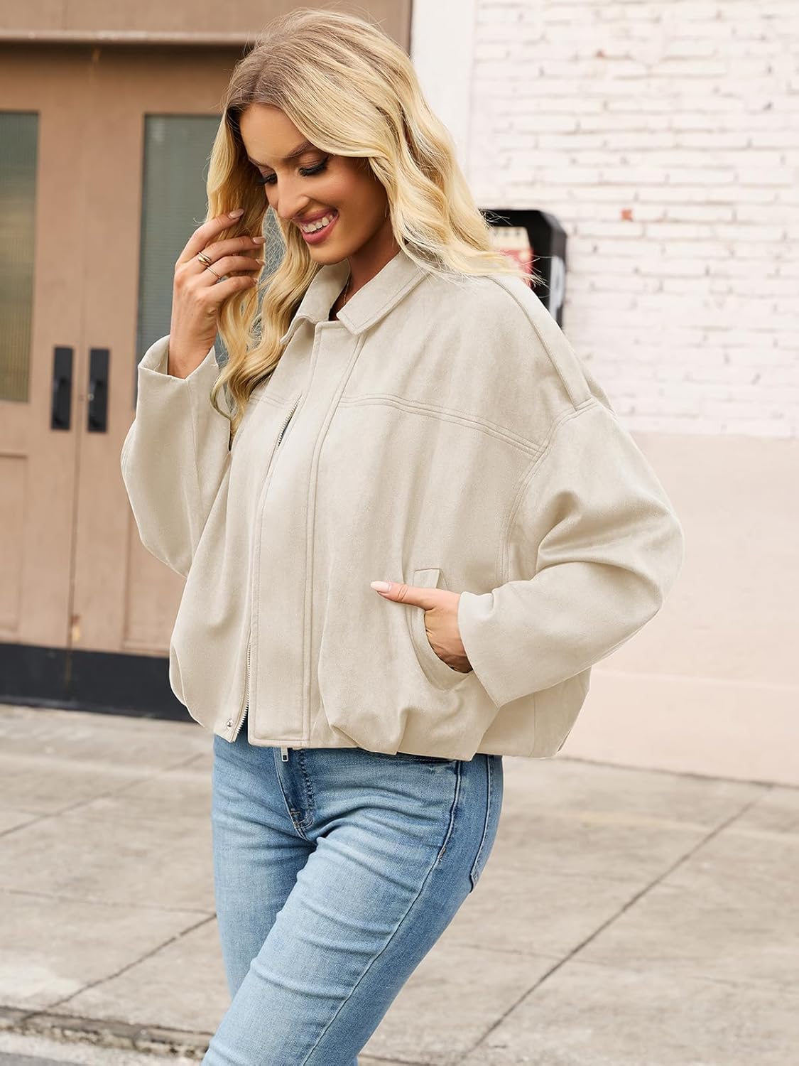 Womens Bomber Jacket Faux Suede Casual Cropped Pilot Coat Lapel Collar Causal Overs... - Image 5