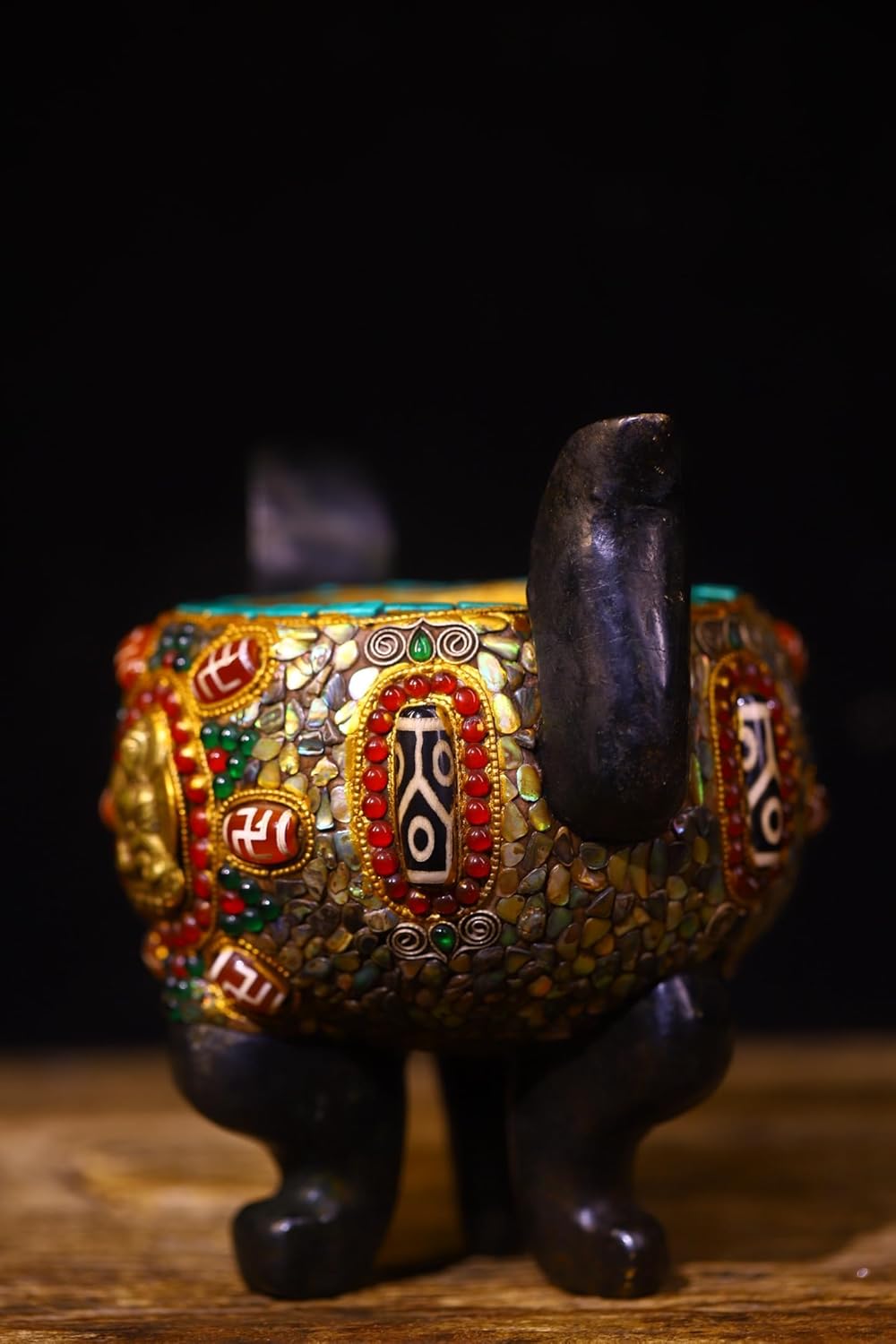 6" Old Natural Meteorite Mosaic Gem gZi Beads Turquoise Shakyamuni Buddha Pattern Double Ear Three Legged Incense Burner Amulet