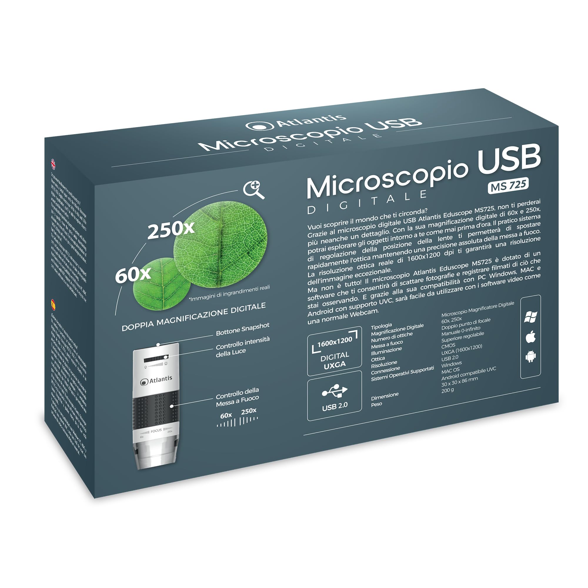 Microscopio Digitale USB Magnificatore Ingranditore Atlantis E45-MS725, Risoluzione UXGA 1600x1200. Doppio fuoco, ingrandimento 60x e 250x. Regolazione millimetrica altezza e lunghezza, PC,MAC Android