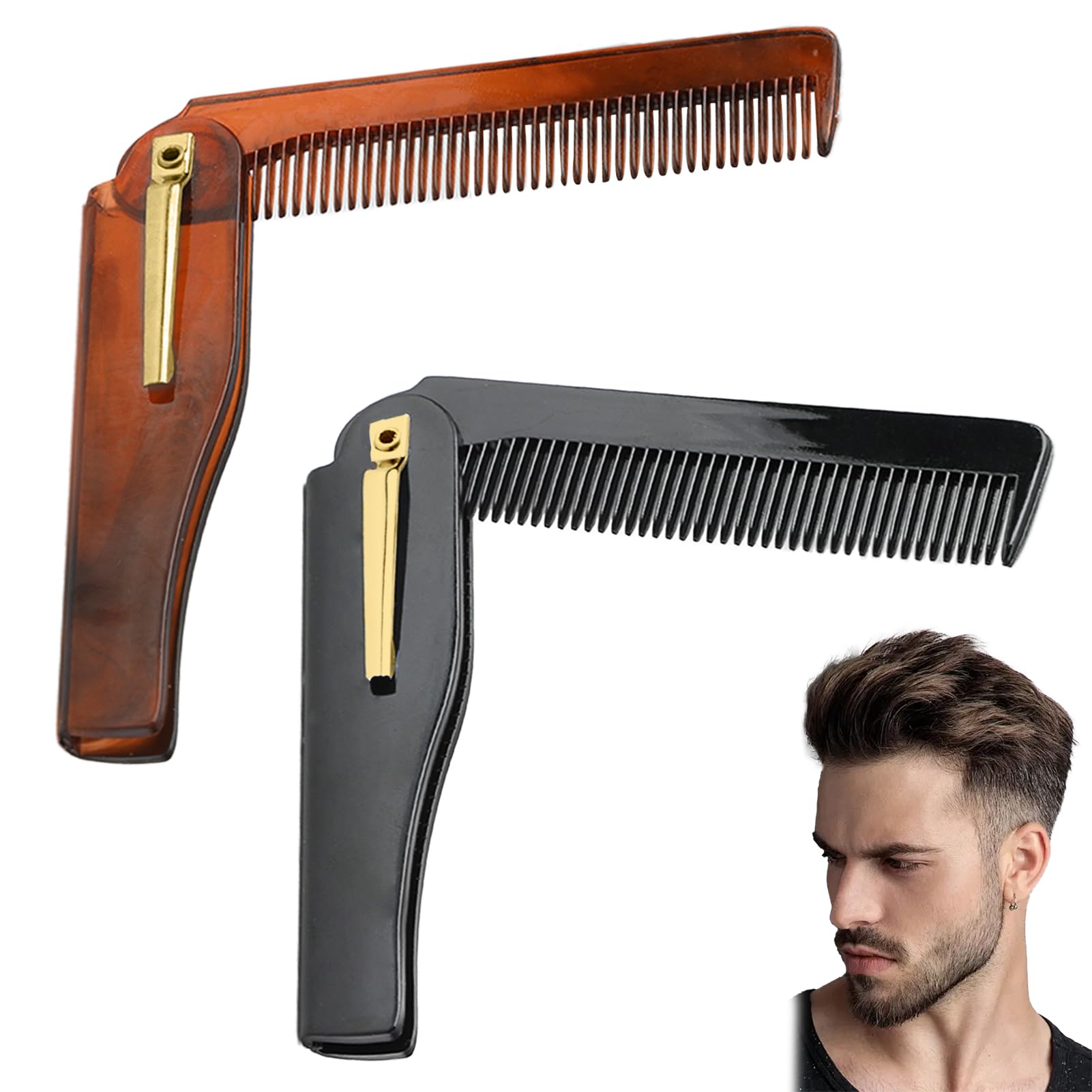 2 Pcs Peine Hombre Plegable Cepillo Pelo, Peine de Barba Premium para Hombres Mini Hair Brush con Decoración de Chapa Metálica Antiestático Pequeño Bolsillo Moustache Peine para Pelo y Barba Portátil