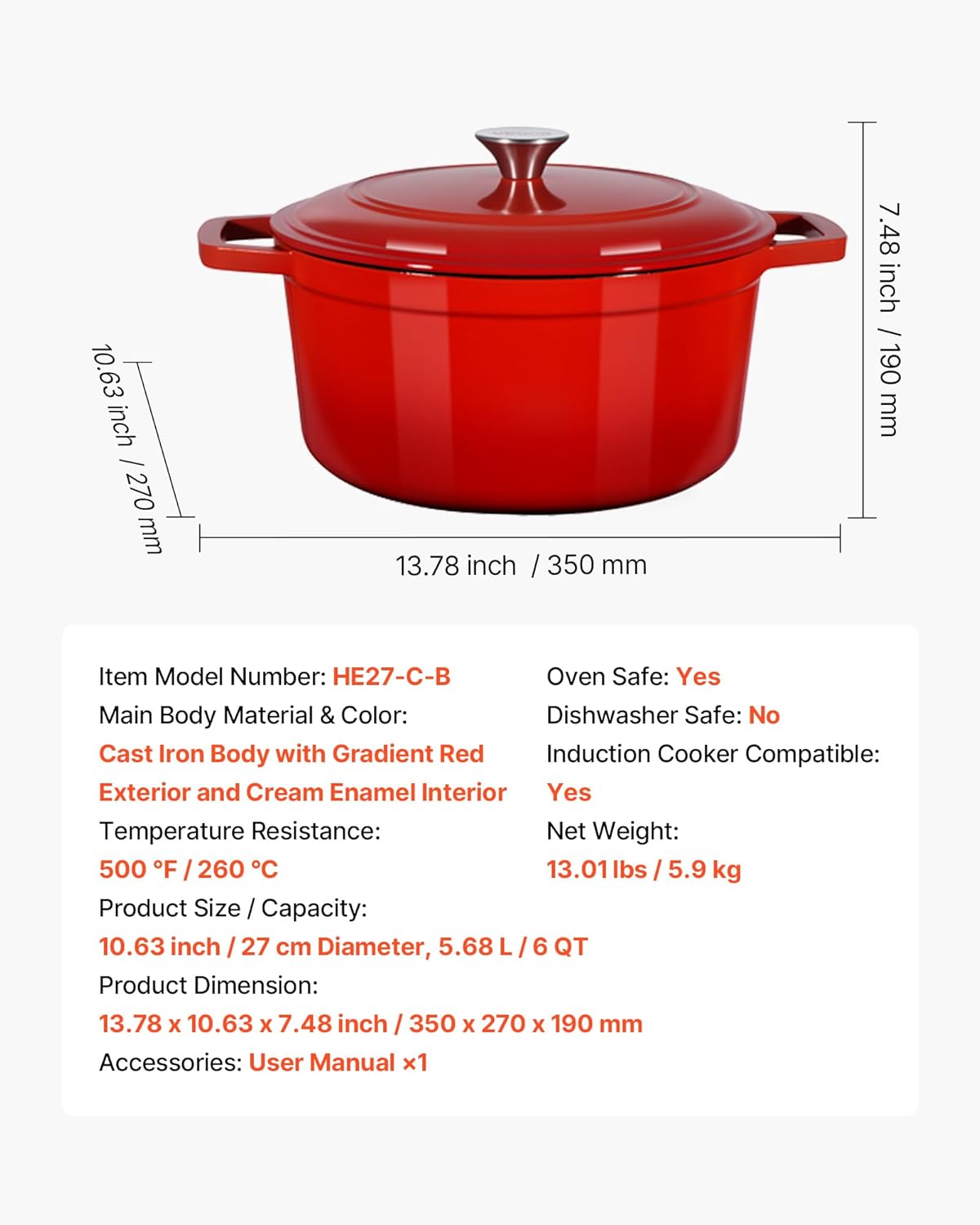 VEVOR Enameled Cast Iron Dutch Oven, 6 Quart Pot with Lid and Dual Handles, Heavy-Duty Durable Cookware Pan, Oven Induction Compatible up to 500℉, for Braising, Stews, Roasting, Bread Baking, Red