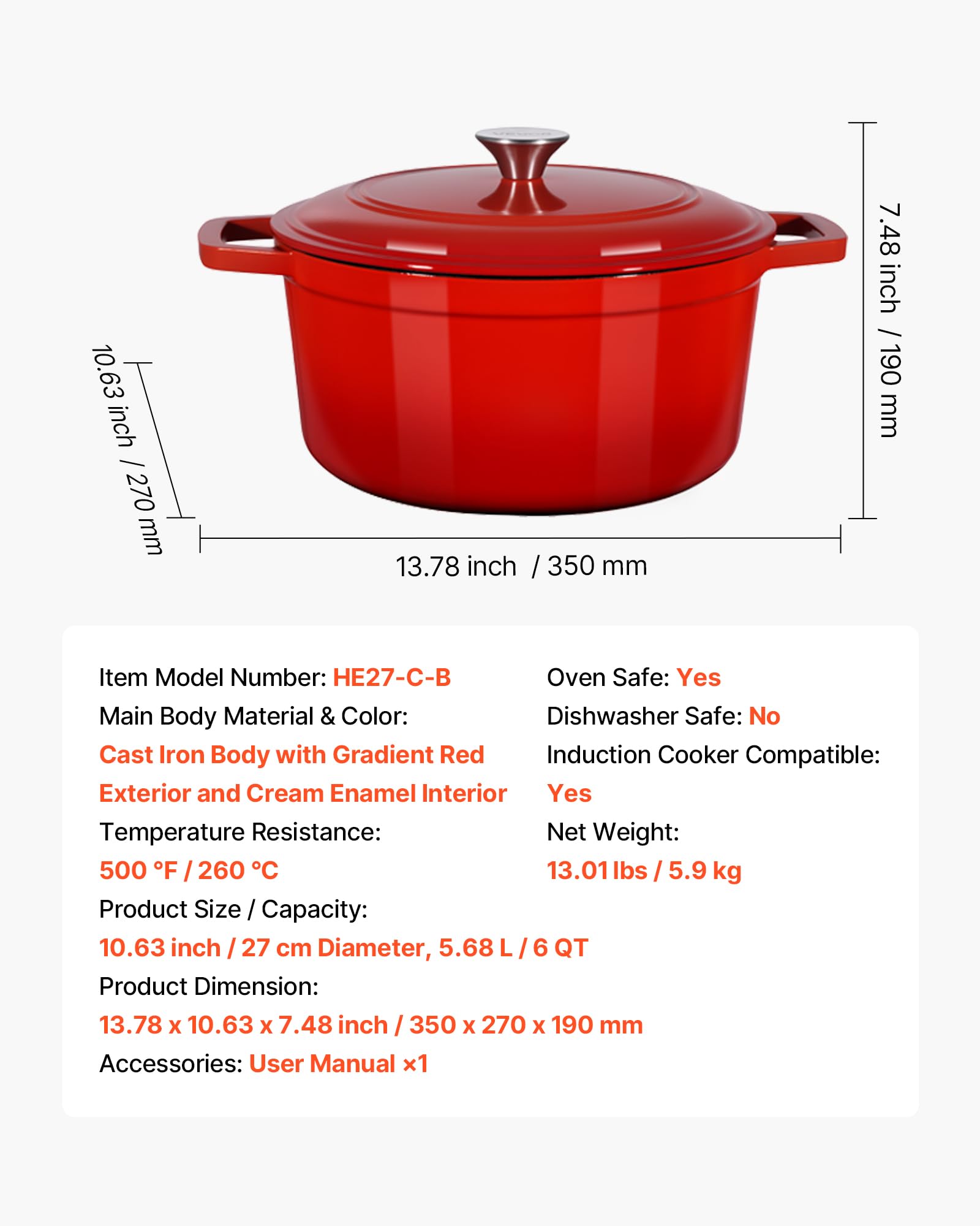 VEVOR Holenderski piec z żeliwa emaliowanego 5,68 l, do pieczenia chleba na zakwasie, z pokrywką i 2 uchwytami, do 260°C, garnek do gotowania i smażenia, 4-6 osób, 350 x 270 x 190 mm, czerwony