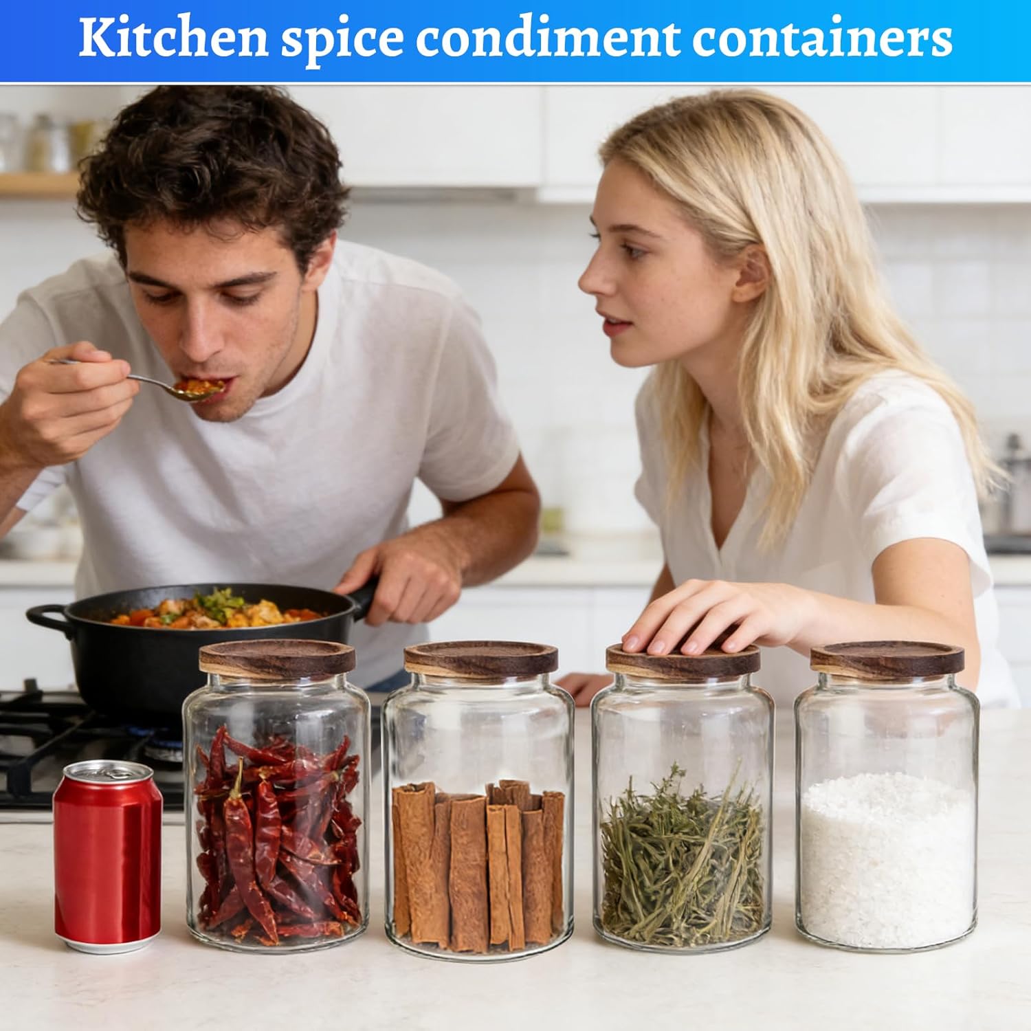 Glass Food Storage Jar with Lids Spoon Glass Coffee Canister Borosilicate Glass Food Containers for Ground Coffee Beans Nut Pasta Sugar Candy Spice Rice Tea (2000ml/67oz-2 Pack)