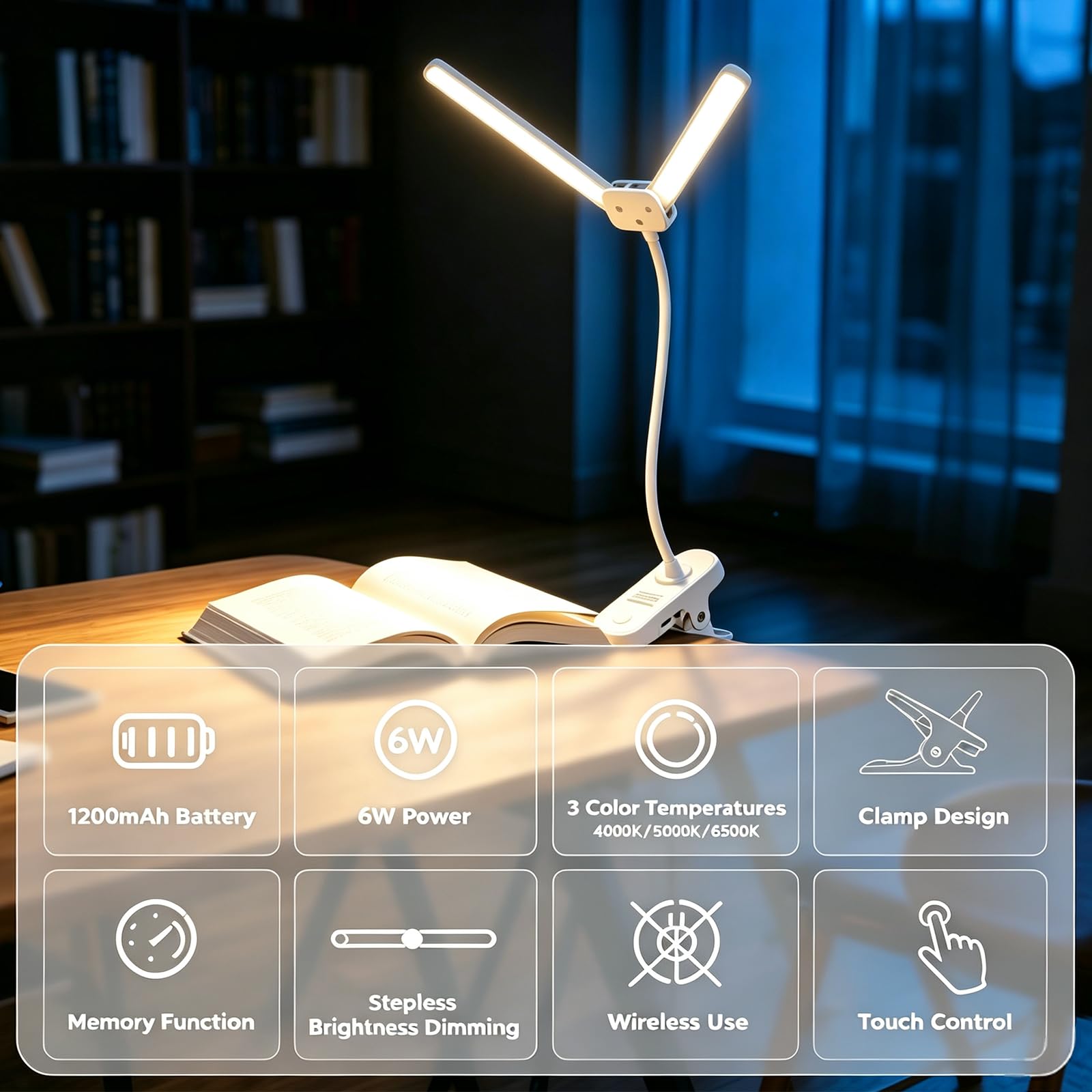 1200mAh ricaricabile doppia testa LED Desk Lamp con morsetto