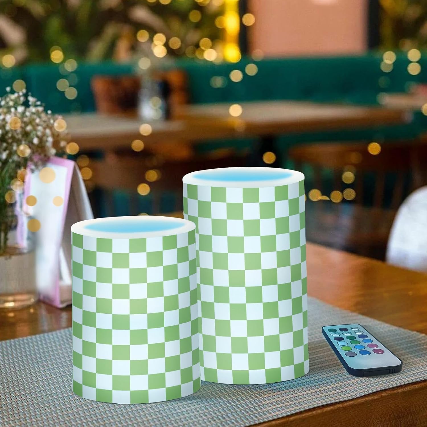 Light Green White Checkered Flickering Flameless Candles LED Battery Operated with Remote Timer Pillar Candles for Home Birthday Wedding Christmas Decor, Set of 2