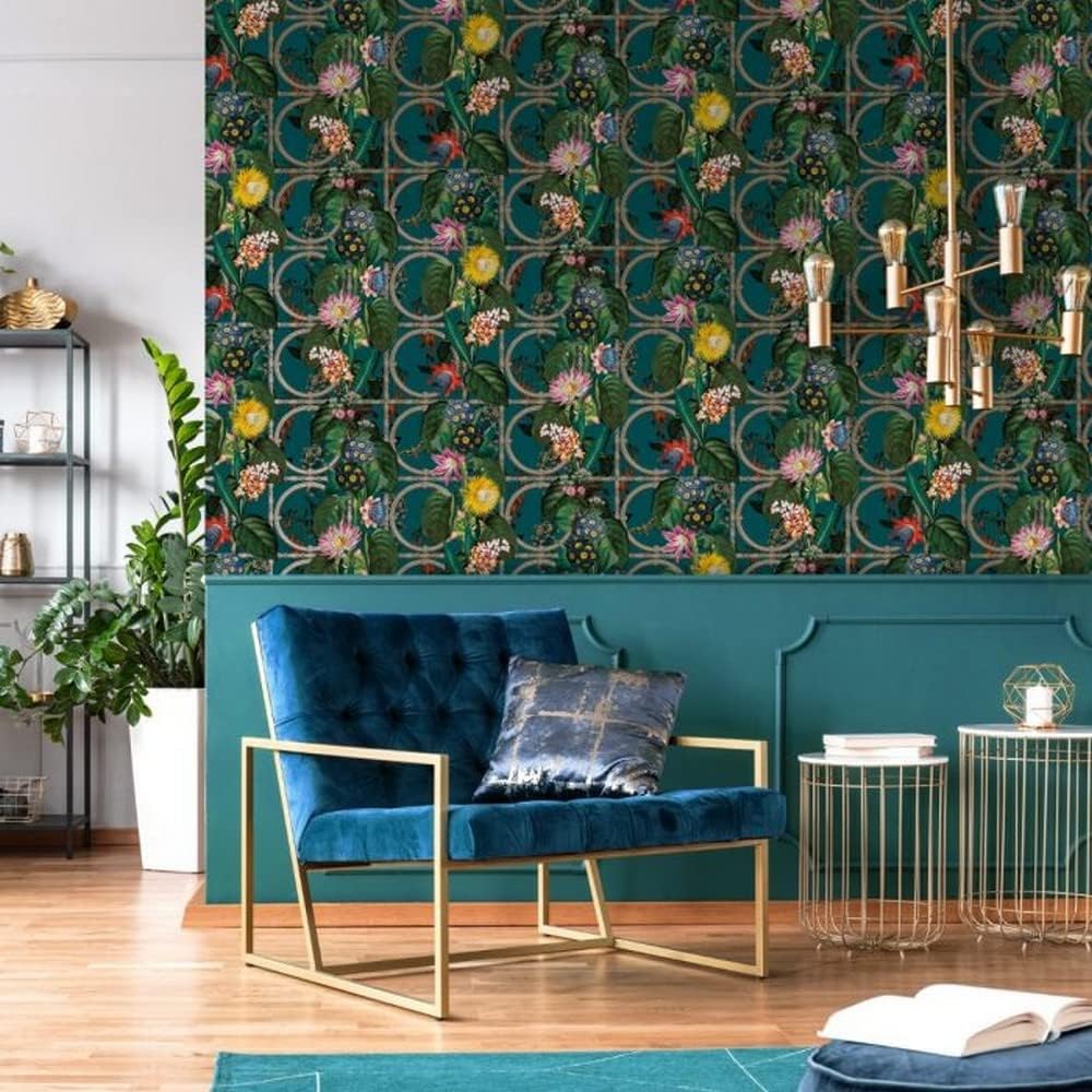 Outside in Floral Gate Bold Flower Printed Metallic Gold Elements Feature Wal Wallpaper Pink Holden 13175
