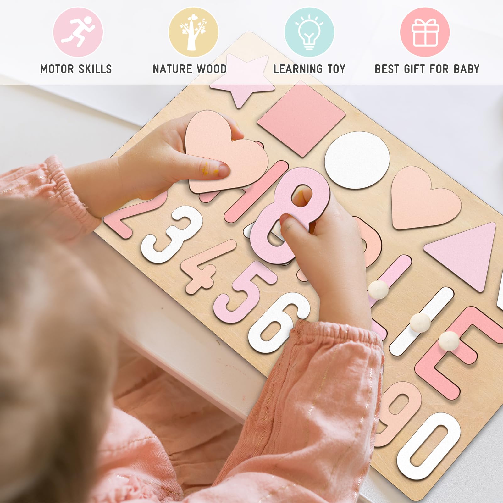 Personalized Name Puzzle for Kids, Custom Wooden Name Puzzles for Toddlers 1-3, 1st Birthday Gifts Girl Boy, Alphabet Number Puzzle with Engraved Text on Back, Baby Learning Toys