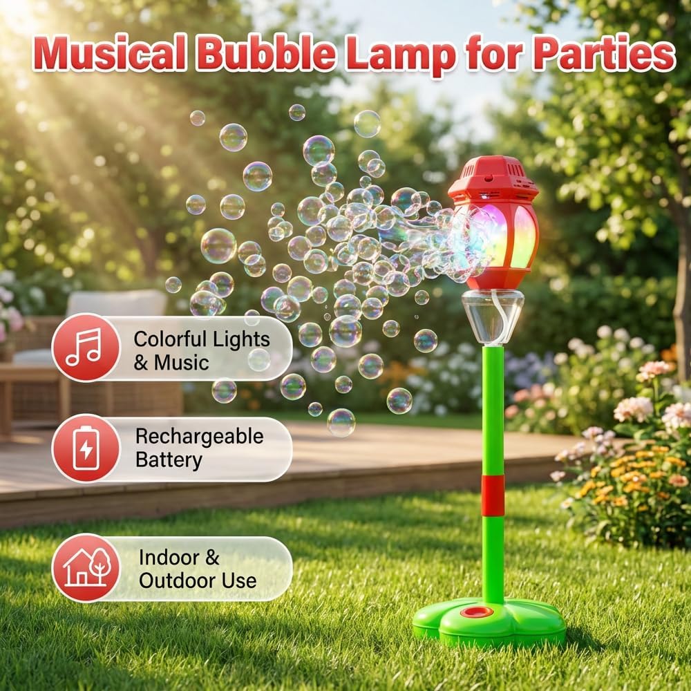 Upgrade Bubble Machine Street lamp, Rechargeable Automatic Standing Bubble Maker with Light Music, 3-Level Adjustable Heights for Outdoor Garden, Patio, Wedding, Party and Event Decor (Pink)