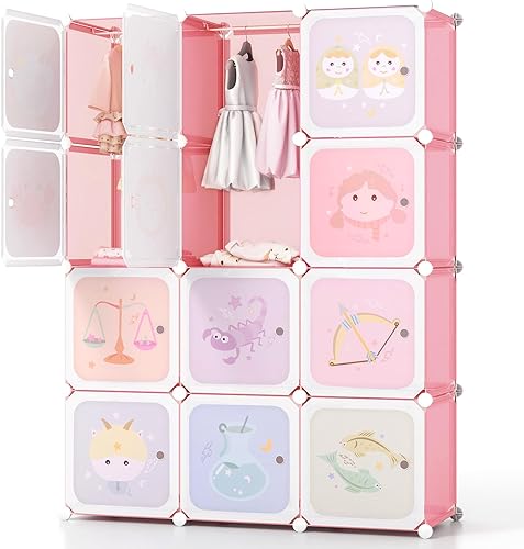Miniatura 19 de HONEY JOY Armario para niños, organizador de almacenamiento de ropa de dibujos animados para bebés, 8 cubos y 2 secciones para colgar, armario