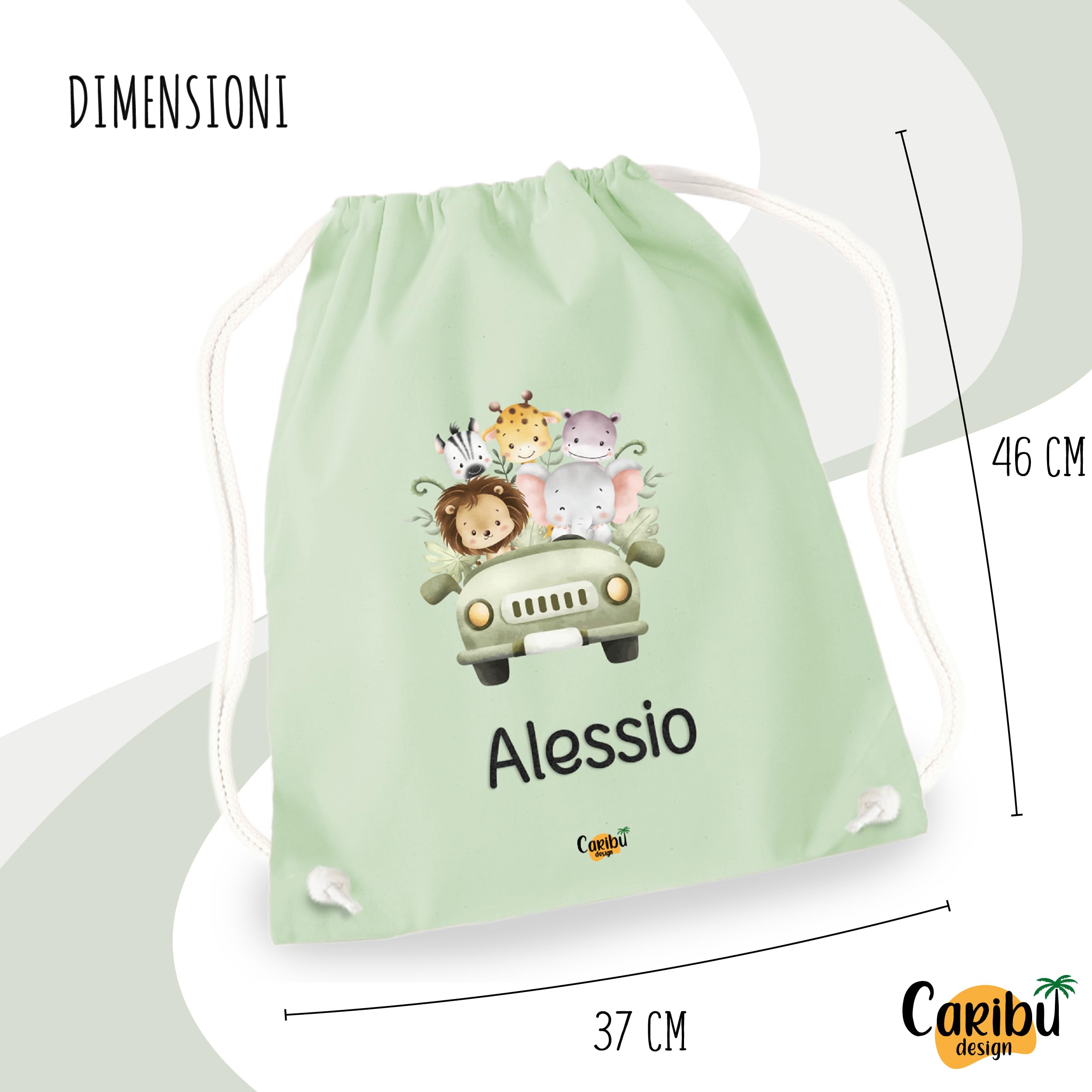 Sacca 100% Cotone Personalizzata con Nome per Asilo Scuola Materna Elementare Nido Sport Cambio - Zaino Sacchetta Stoffa Grande con Stampa Animali e Cordoncino da Bambino Bambina