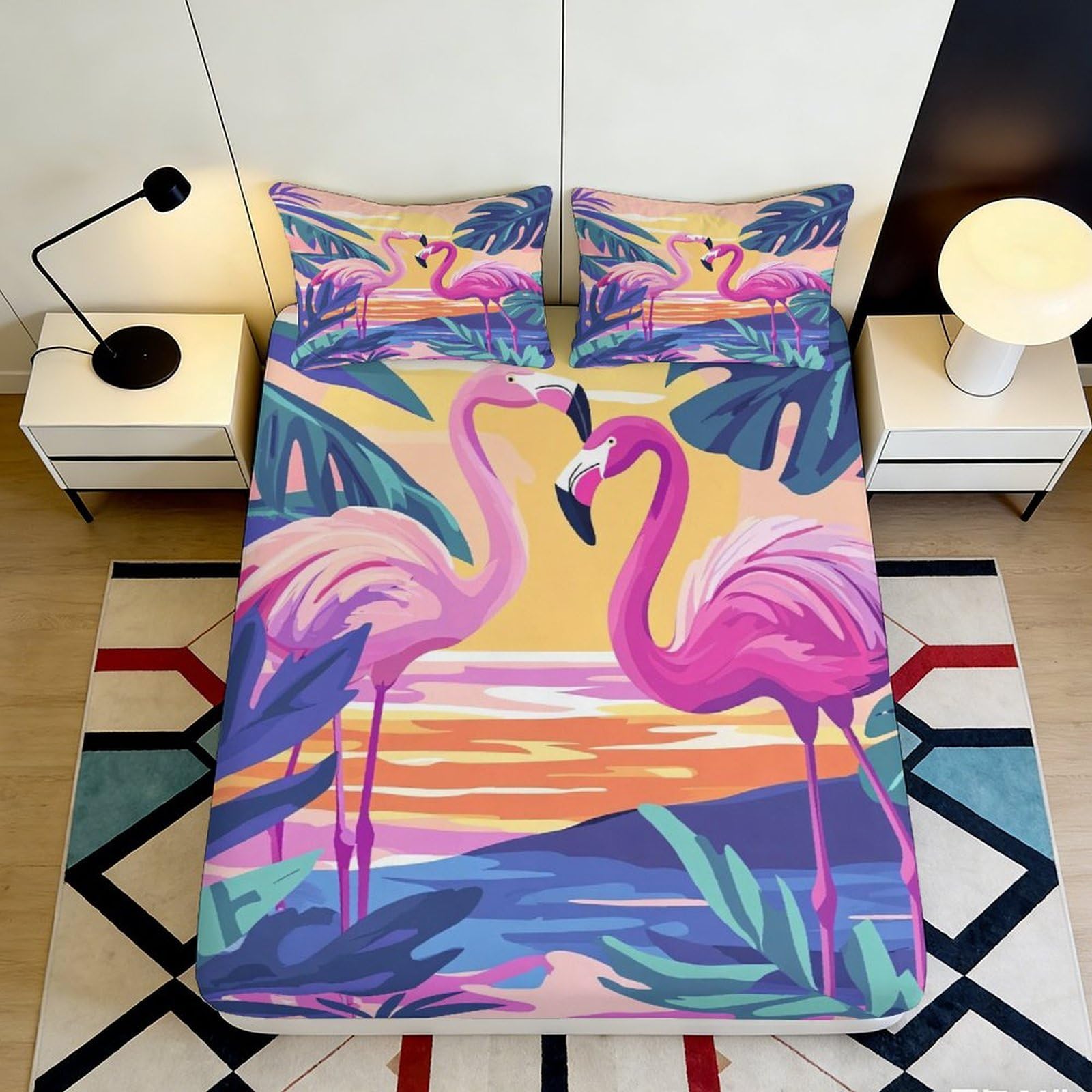 3D Printed Pink Flamingo Fitted Sheet Microfiber Soft Sunset Tropical Leaves Mattress Cover for Bedroom Guest Room Decor 90x200x25cm