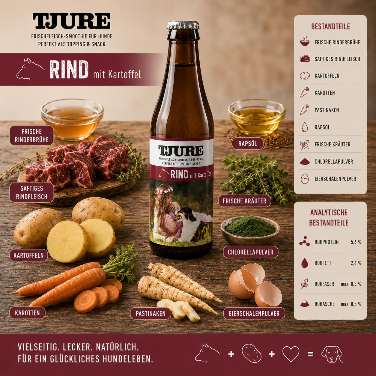 TJURE Hundesmoothie Mixbox | 10 + 2 x 320 ml | 6 x Geflügel | 6 x Rind | Flüssig Snack für Hunde | Ideal als Futter Topping | Zutaten in Lebensmittelqualität | Getreidefrei | Made in Germany