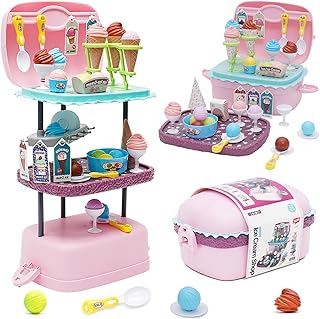 3-in-1 Ice Cream Sale Play Set, 72 Pieces Play Kitchen Accessories Toy Children Ice Cream Maker Toy, Kitchen Toy with Storage, Role Play Food Gift Children 3 4 5 6 7 8 Years