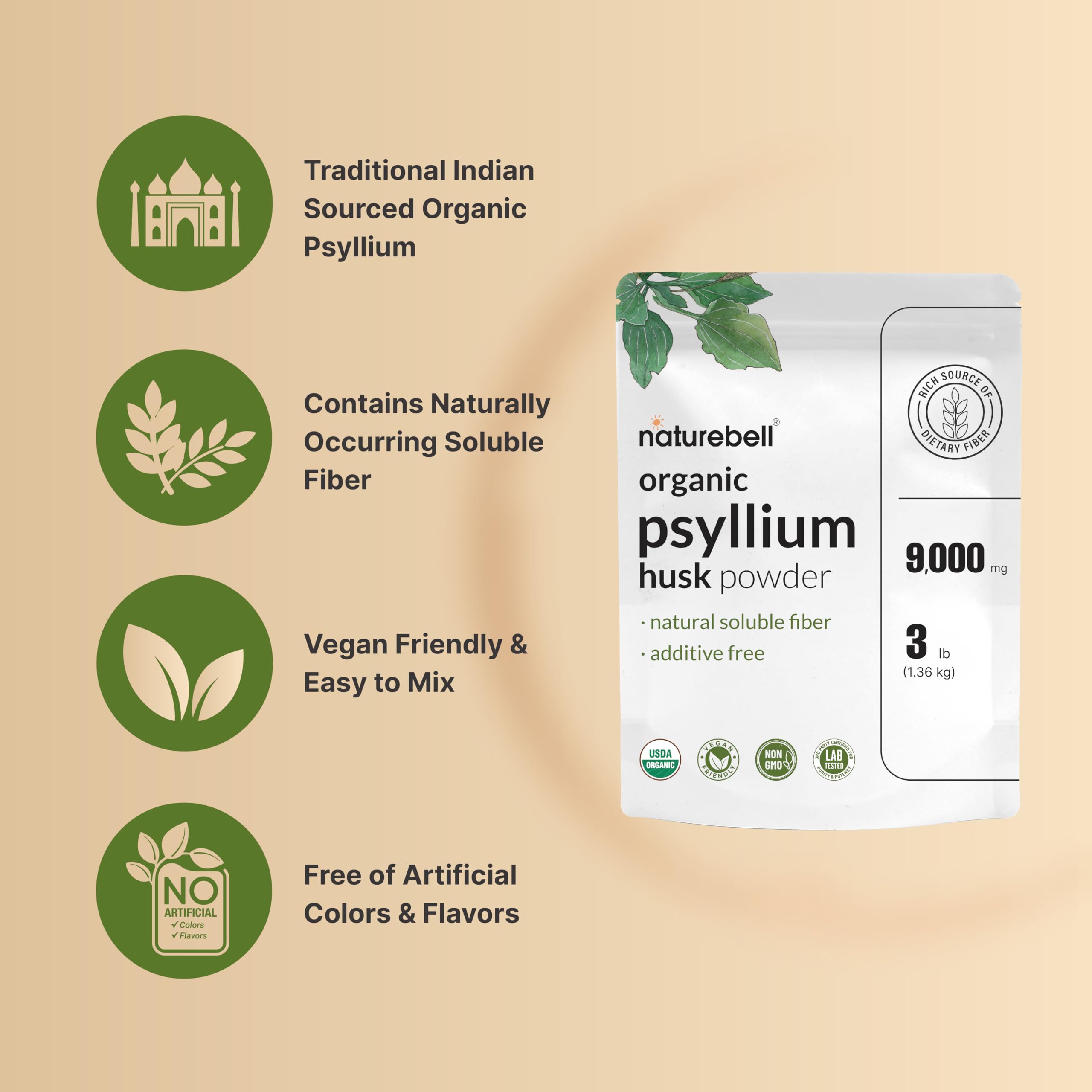 NatureBell Psyllium Husk Fiber Supplement, 9g Per Serving, 3lb (48oz) Powder | Organic Soluble Fiber for Digestive & Gut Health | Plant-Based, Unflavored, Non-GMO, Gluten-Free* — Amazon image 4