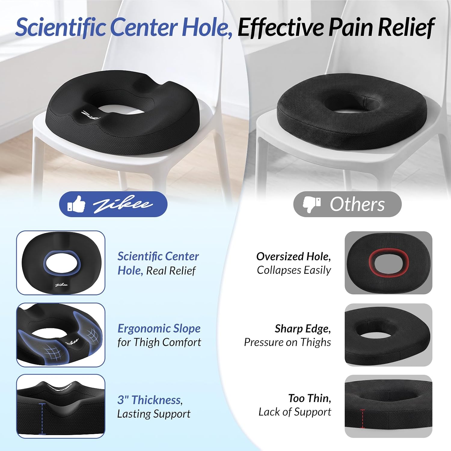 ZIKEE Donut Pillow Seat Cushion for Tailbone Pain, Hemorrhoid Pillow with Pressure Relief Hole (Black, X-Large)