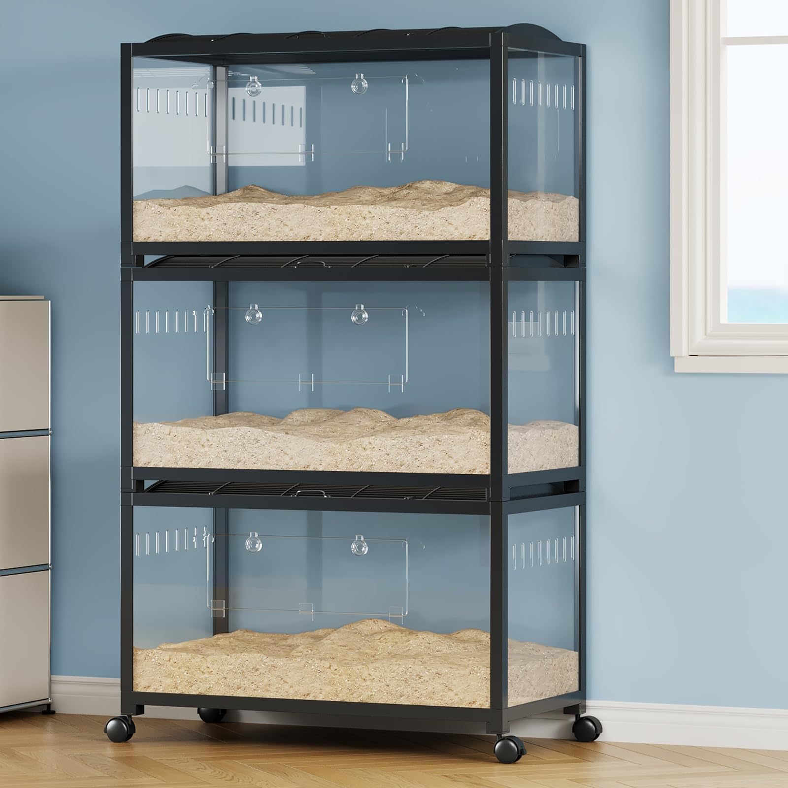 Jaula para Hamster Metal, 96x47x50 cm, Caja De Cría Reptiles, Jaula Roedor Metal Plástico Ruedas para Hamster Sirio Enano