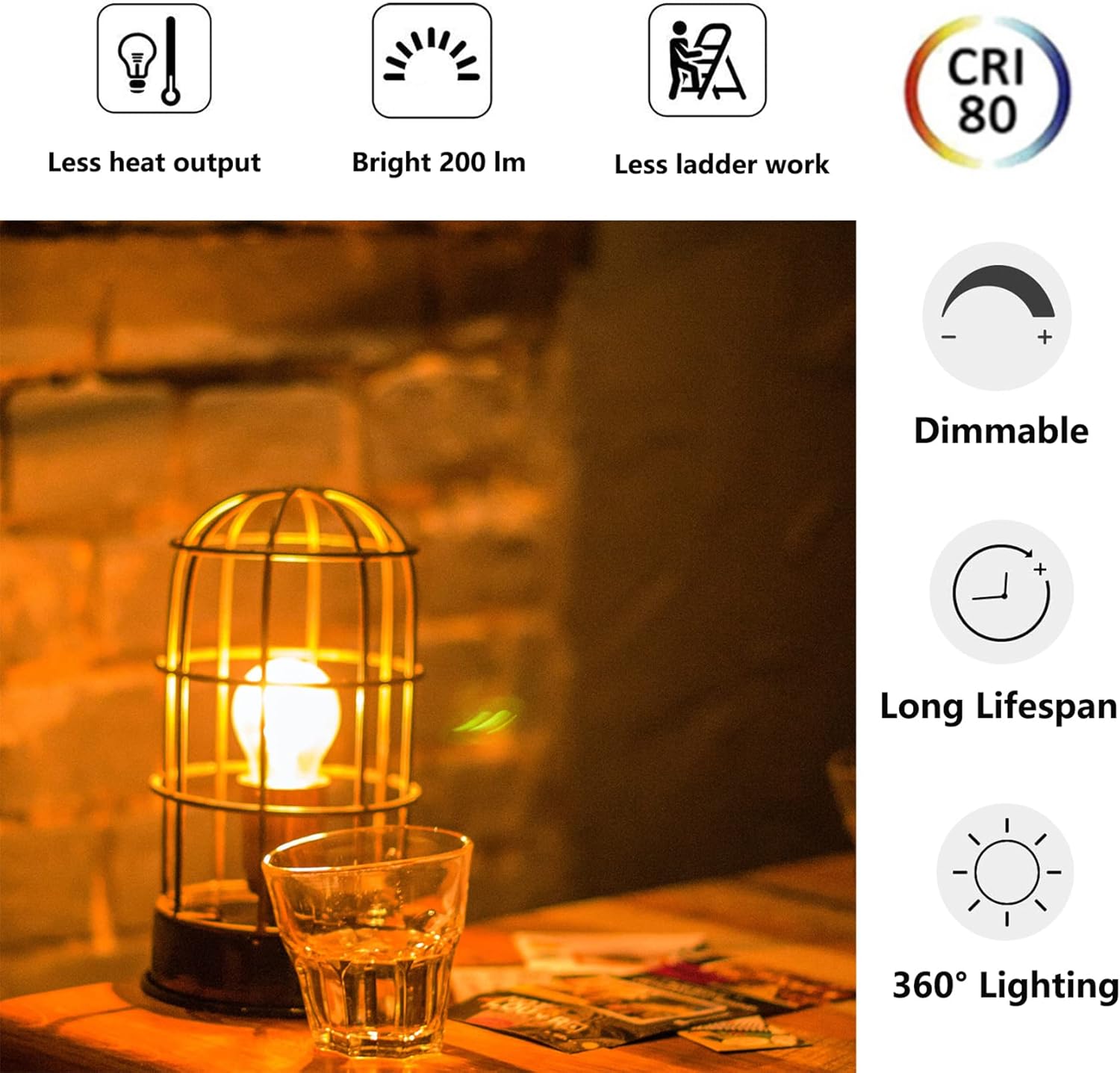 Beonllay Dimmable 2W LED Globe Bulb 25Watt Equivalent E26 Light Bulb Warm White 2500K LED Edison Bulb, Vintage Filament Edison Decorative Bulb for Chandelier, Ceiling Fan, 6 Pack