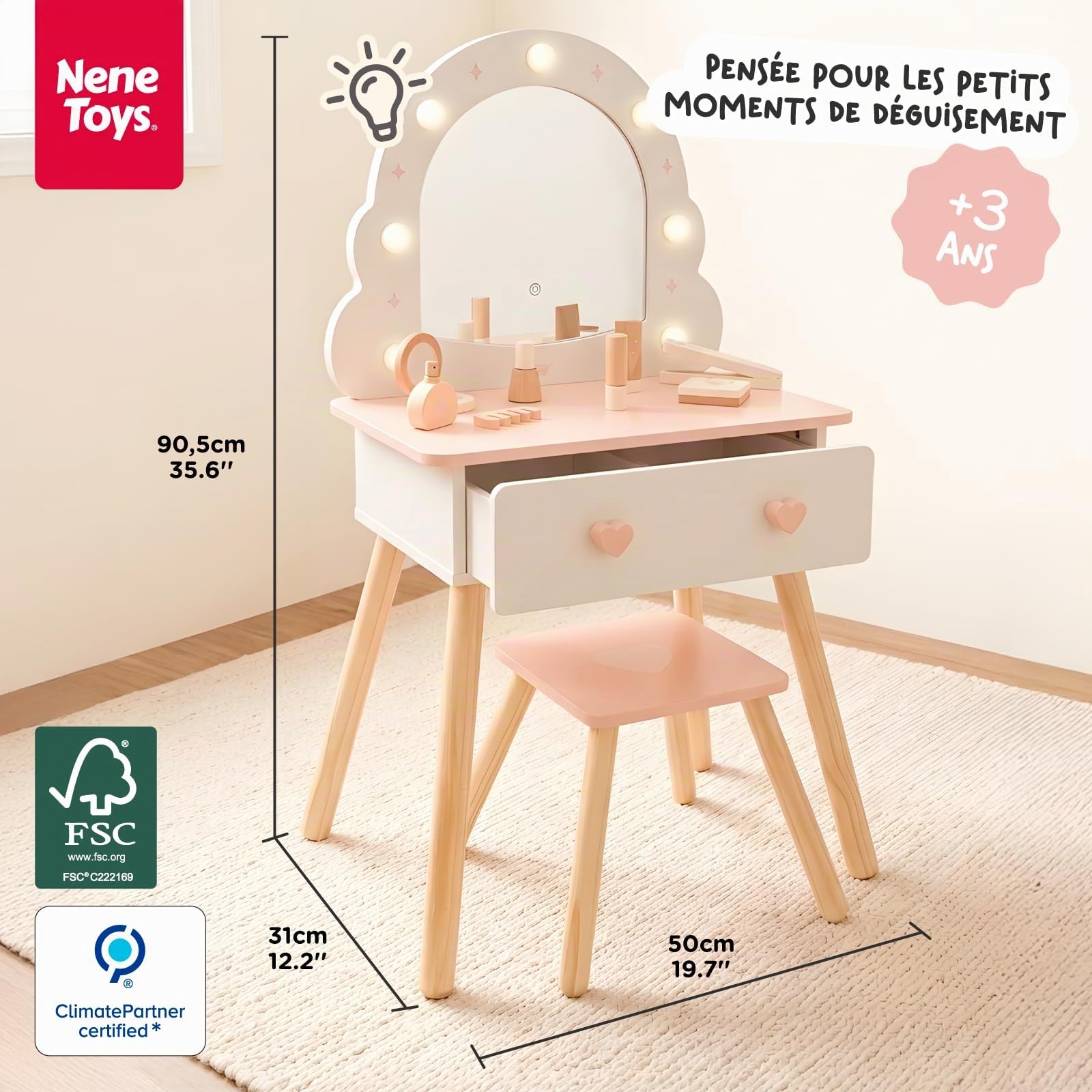 Nene Toys Coiffeuse Enfant Fille avec Miroir et Tabouret, Coiffeuse en Bois avec Miroir Lumineux, 3 Modes de Lumière, Tiroir & Accessoires Maquillage Jouet, Cadeau 3 Ans