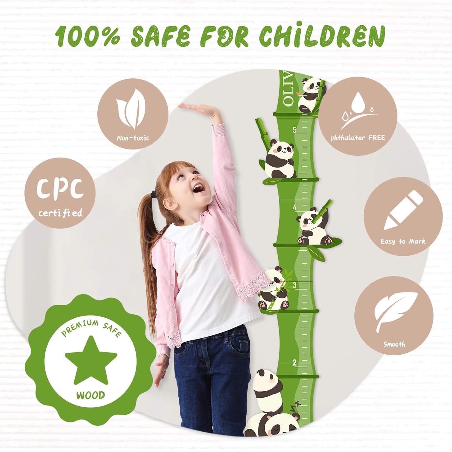 Personalized Bamboo Panda Wooden Height Chart for Kids – Custom Name Growth Chart for Baby Boy Girl, Height Measurement Ruler for Nursery or Playroom Decor