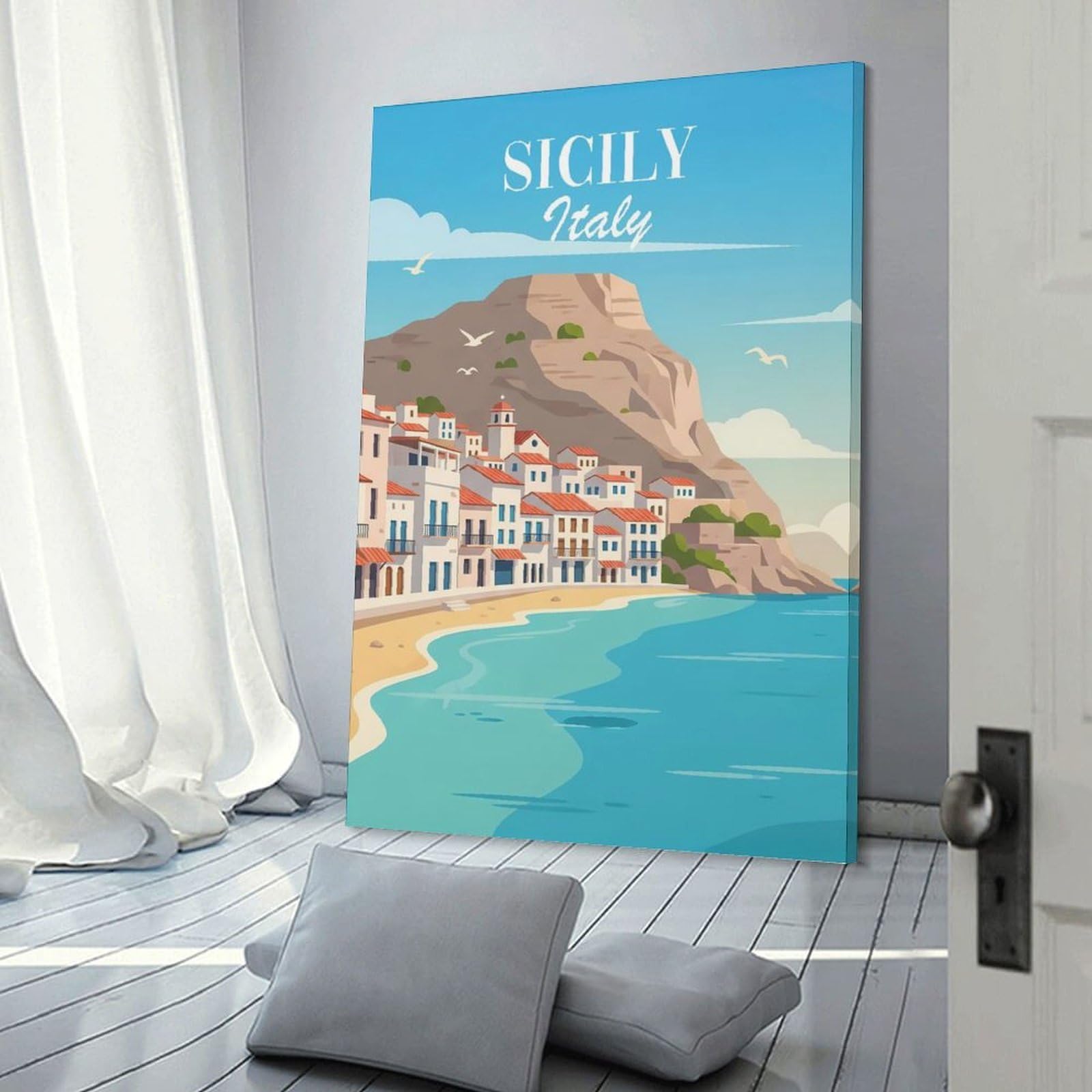 Junmoney Frame-Style-7 Hanging Wall Art Sicily, Italy Coastal Town, 20X30inch(50X75cm), For Gallery Wall Layouts In Home Or Office, An Easy Match For Collected Prints