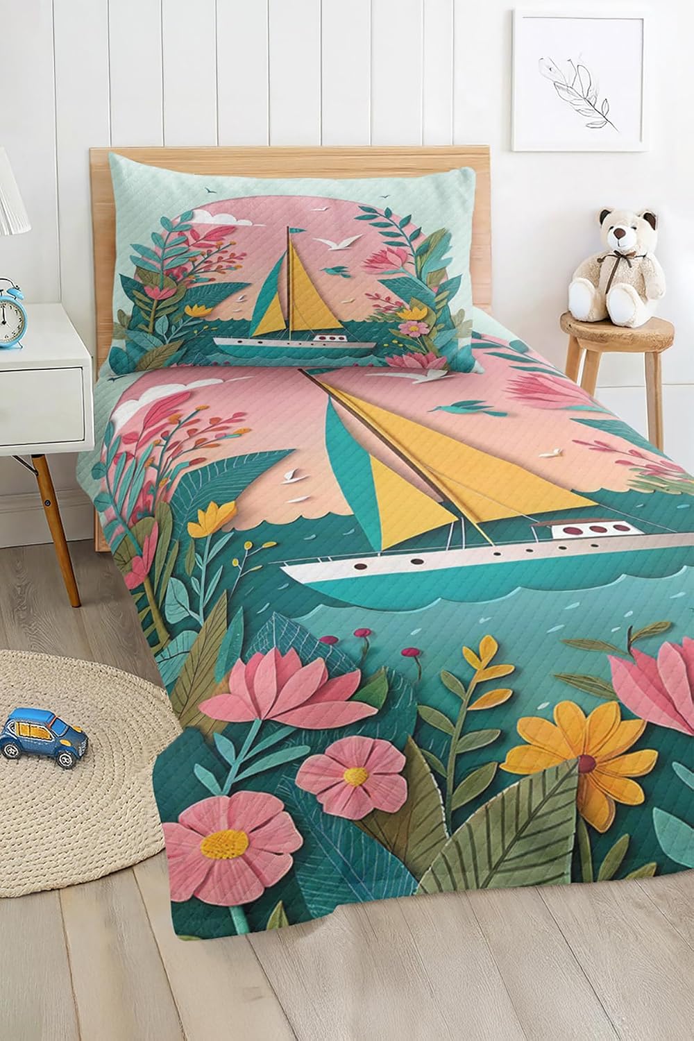 SODEF Bedding Set Twin Size Sailboat and Floral Pattern Colorful Kids and Teens Room Quilt Set Lightweight Breathable Cotton Polyester Blend 2 Piece - Pink, One Size
