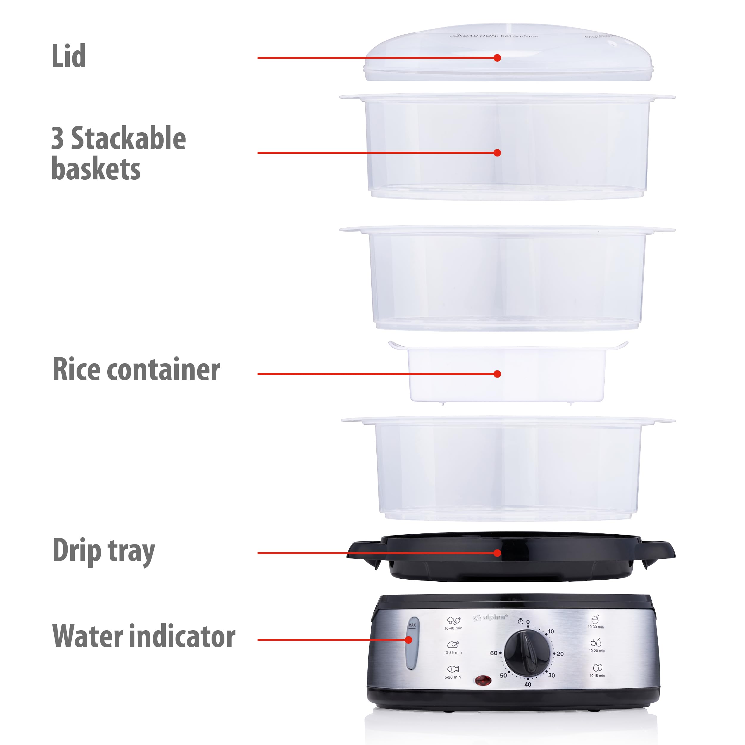 alpina Vaporera Cocinar Vapor - Vaporera Eléctrica 800W - Vaporera Sin BPA con 3 Capas - Apta para Lavavajillas - Cocción al Vapor Hasta 60 Minutos - 9L de Capacidad - Gris