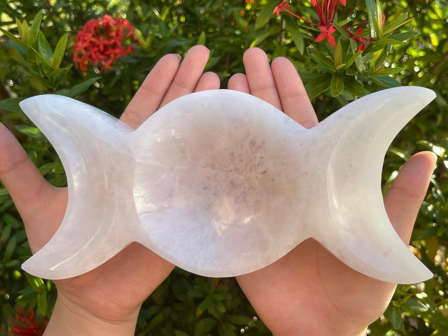 GAF TREASURES Large Selenite Triple Moon Bowl, 8" Long Triple Moon Carved Selenite Dish, Crystal Polished Cleansing Charging Healing Gemstone Bowl