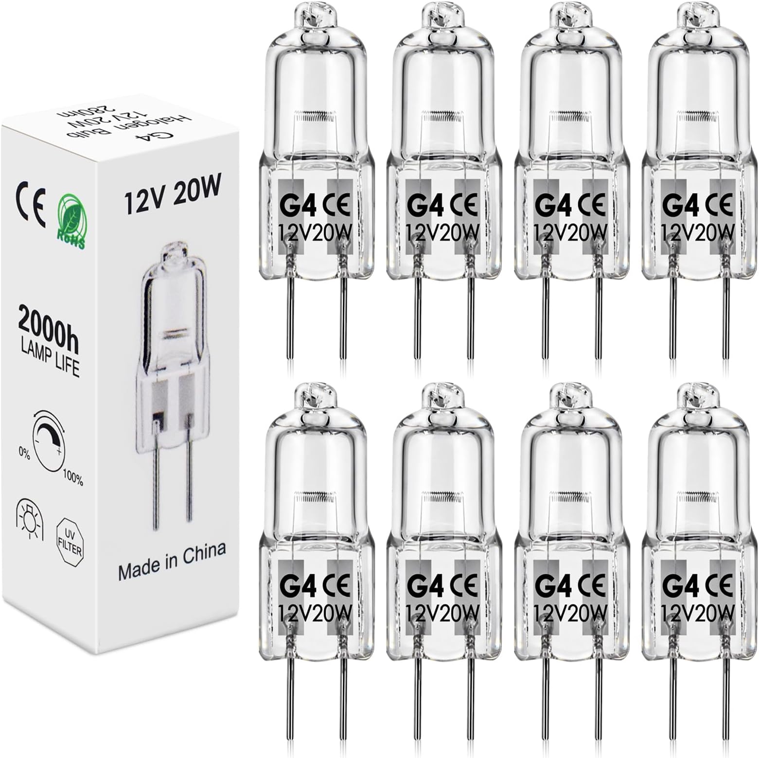 BROTOU G4 Halogen Bulbs, 20W 12V 300LM 2800K Warm White 2 Pin Clear Capsule Lamp Bulbs, Dimmable (8)