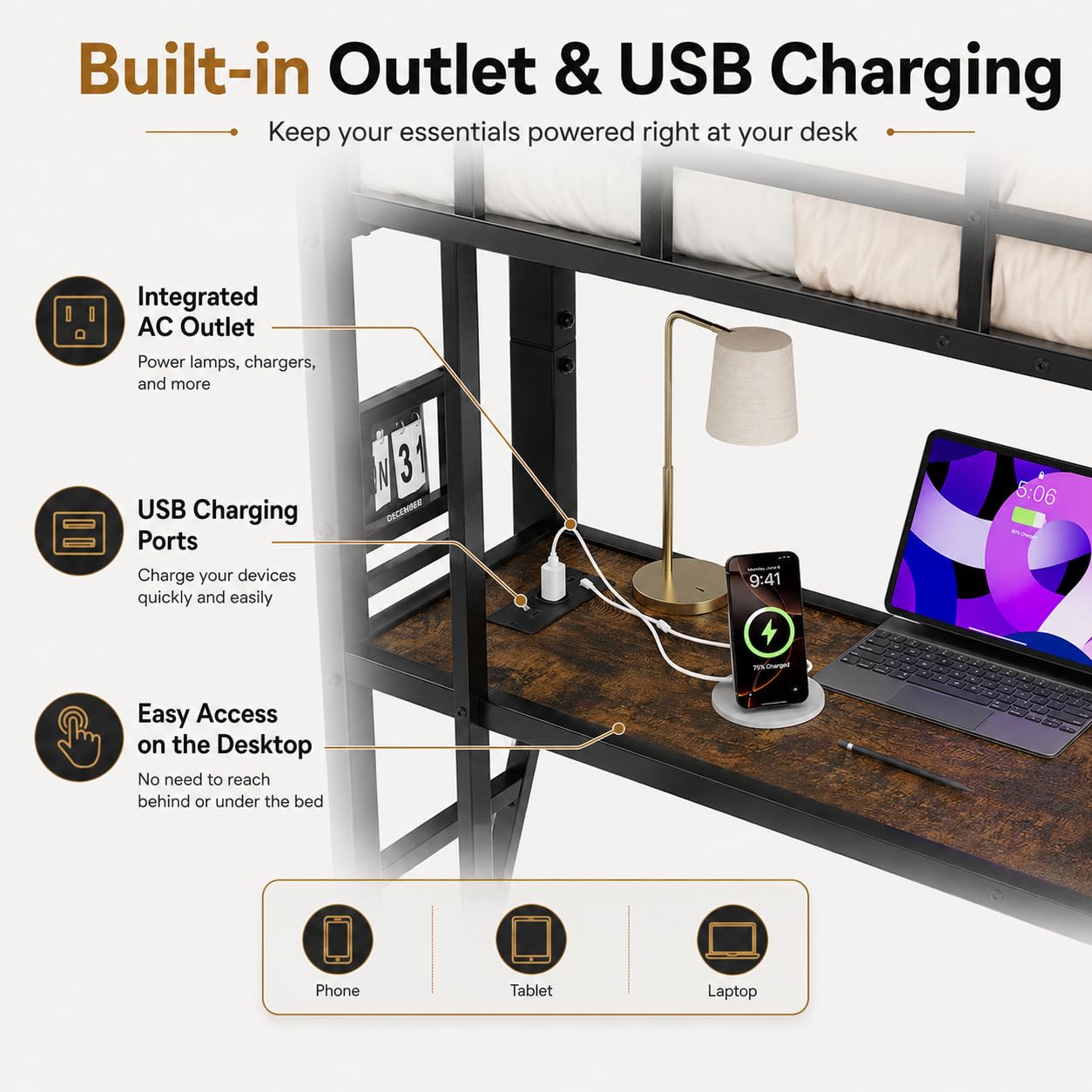 EGGREE Letto a Soppalco 90x200 cm con Scrivania a L, Presa e USB, Letto in Metallo con Appendiabiti, Scarpiera e Ripiani, Letto Salvaspazio per Cameretta, Nero