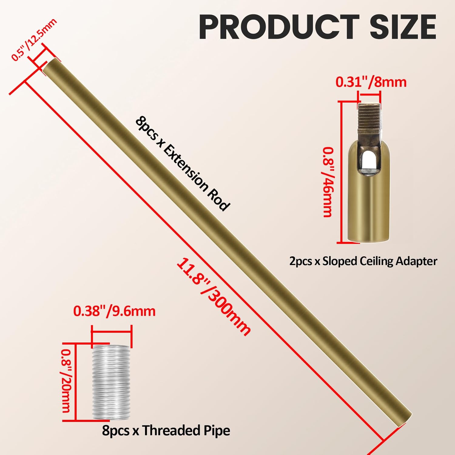 Antrader M10 Threaded Extension Rod 8pcs Lighting Fixture Stems with 2pcs 180 Degree Sloped Ceiling Adapters for Pendant Light,Light Fixture Parts Replacement 12-inch Length Gold Color