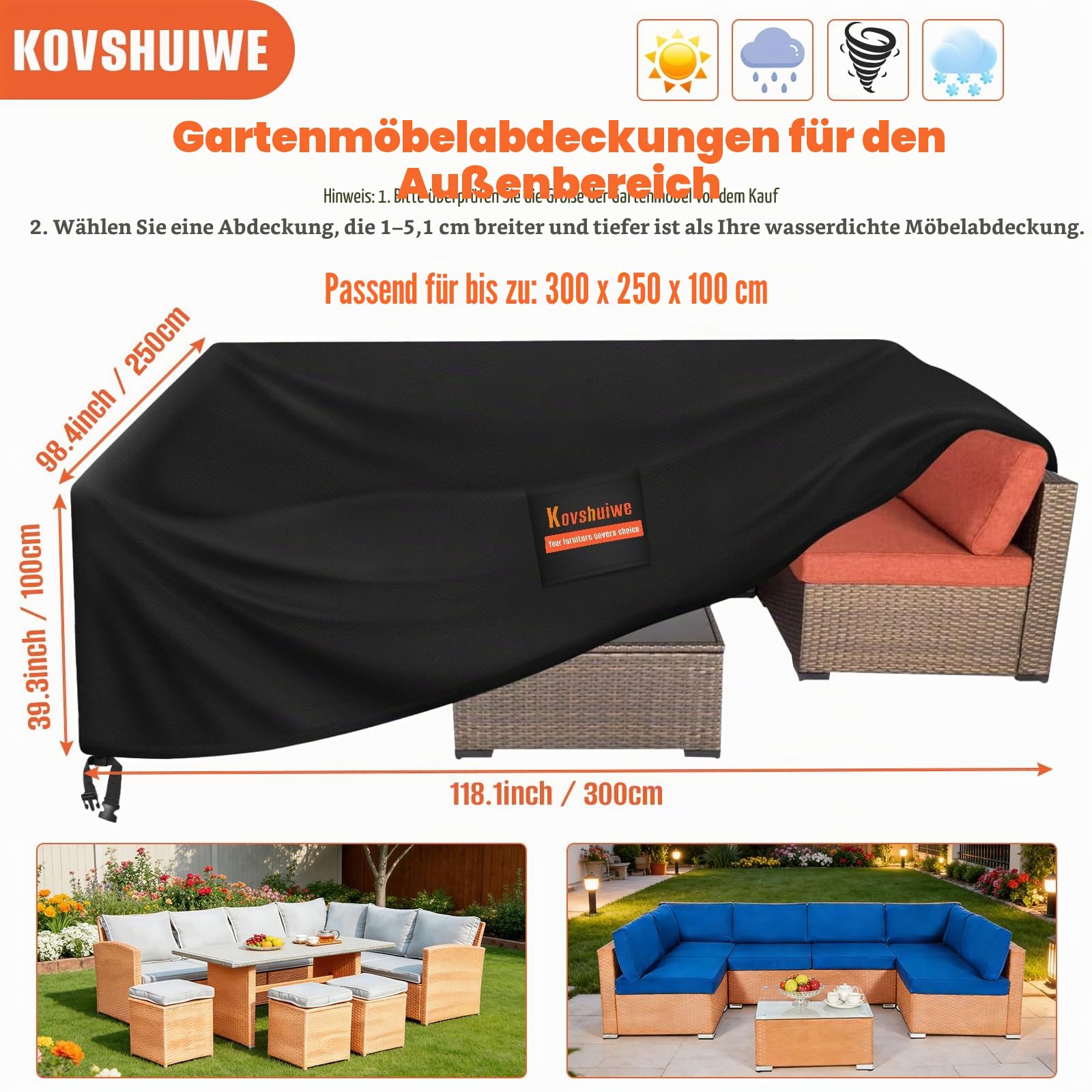 Kovshuiwe Abdeckung für Gartenmöbel 300x250x100cm, Wasserdicht 500D Oxford | Wasserdicht,Winddicht,UV-Beständiges,520D Heavy Duty Winddicht,Schutzhülle Abdeckplane,Abdeckplane für Gartenmöbel Outdoor