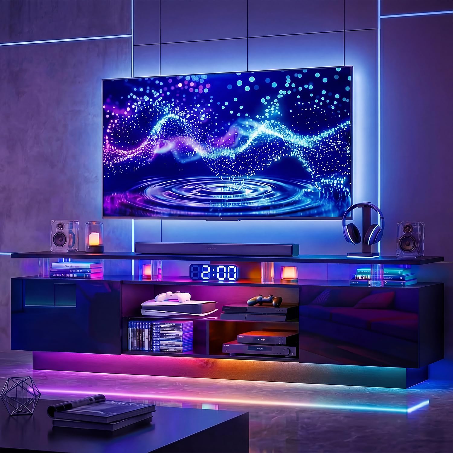 Nordivale 80โ High-Glossy TV Stand with 2 Side Cabinets, Storage Entertainment Center, Modern Stylish TV Console with 3 Layer LED Lights&Power Outlets,Remote&APP Control for Living Room Use Black