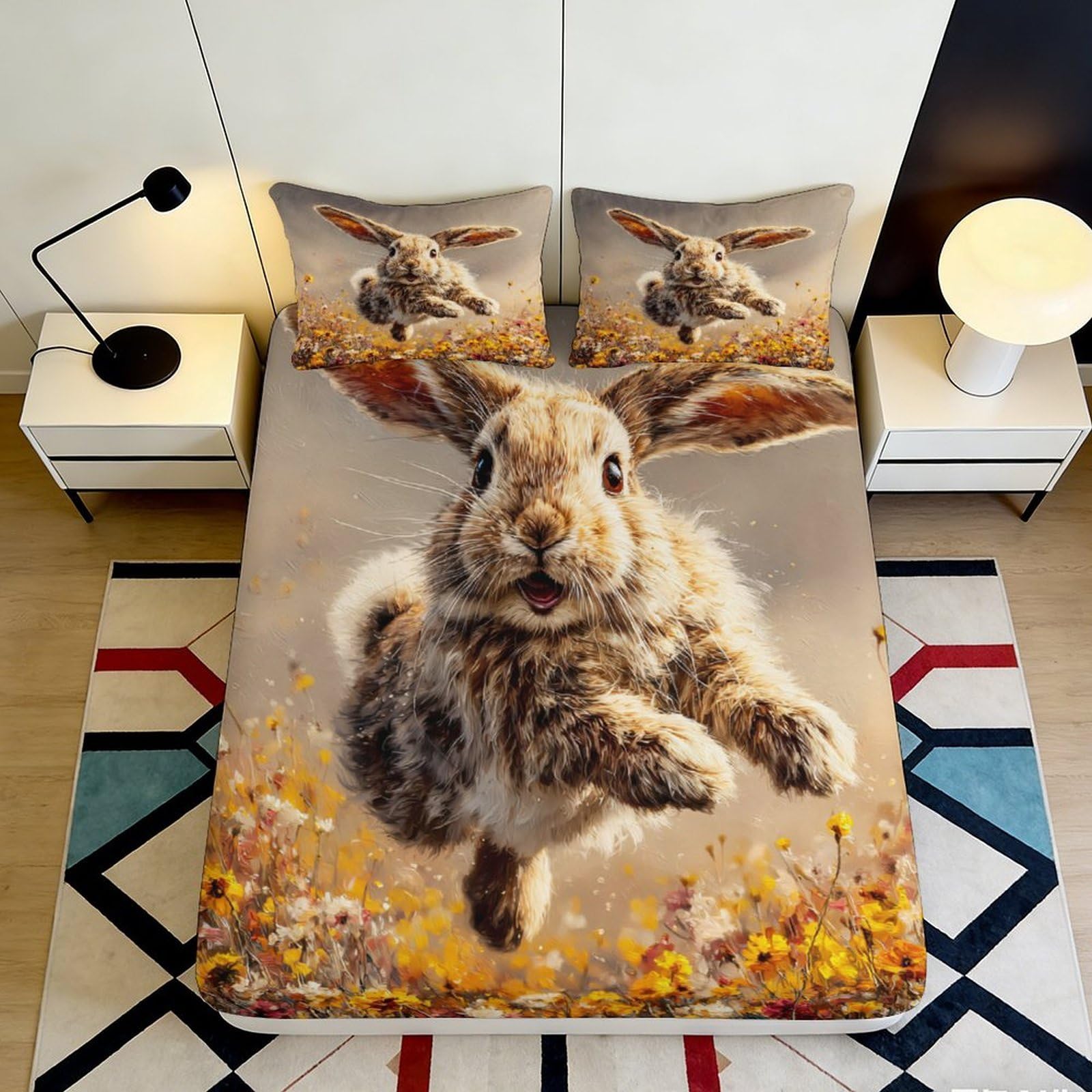 3D Printed Bunny Meadow Fitted Sheet Microfiber Soft Rabbit Spring Bed Cover for Bedroom Guest Room Decor 90x200x25cm