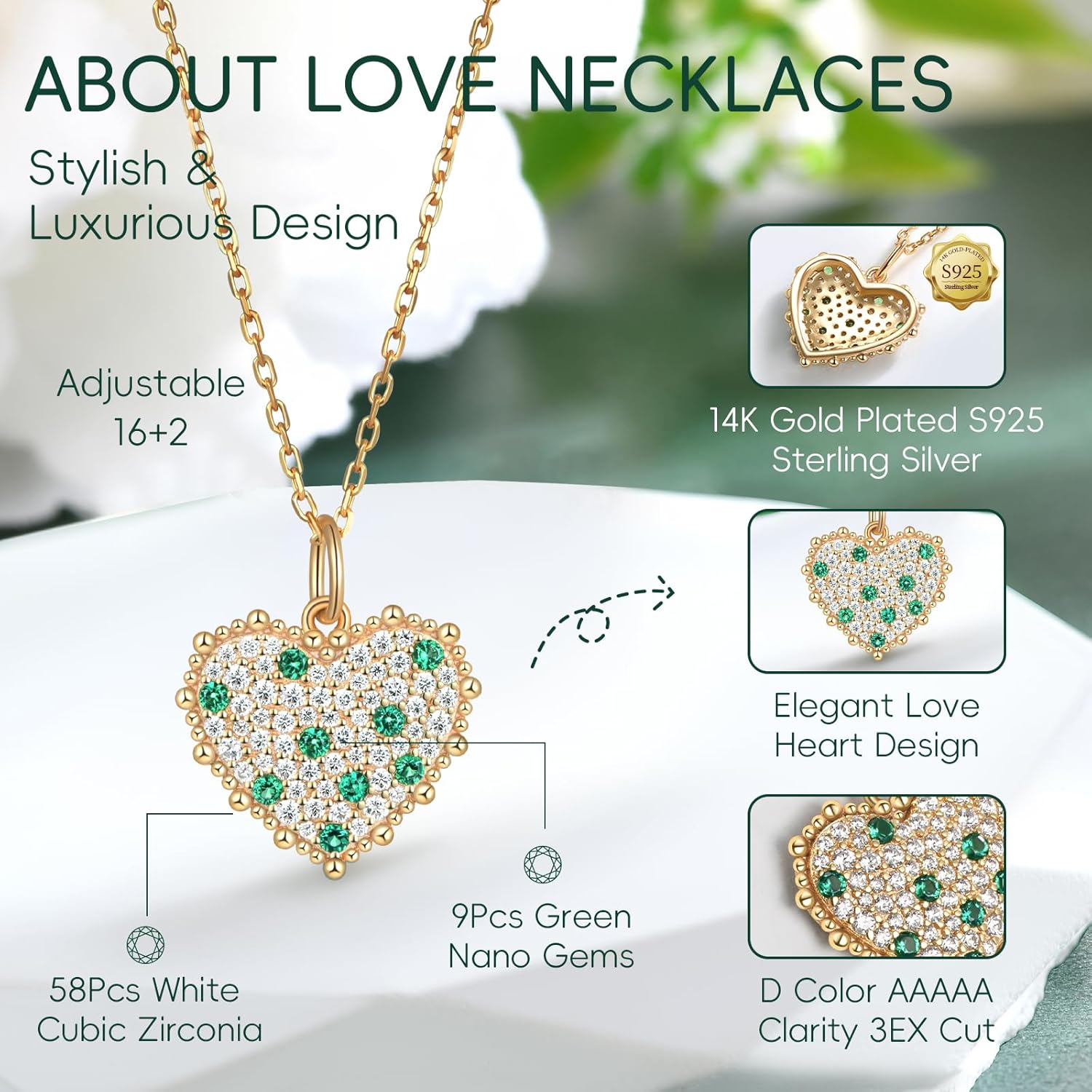 LEONIDS 14K Gold Plated Cubic Zirconia Love Heart Pendant Necklaces for Women Trendy 925 Sterling Silver Jewelry Gifts for Her Birthday - Image 5