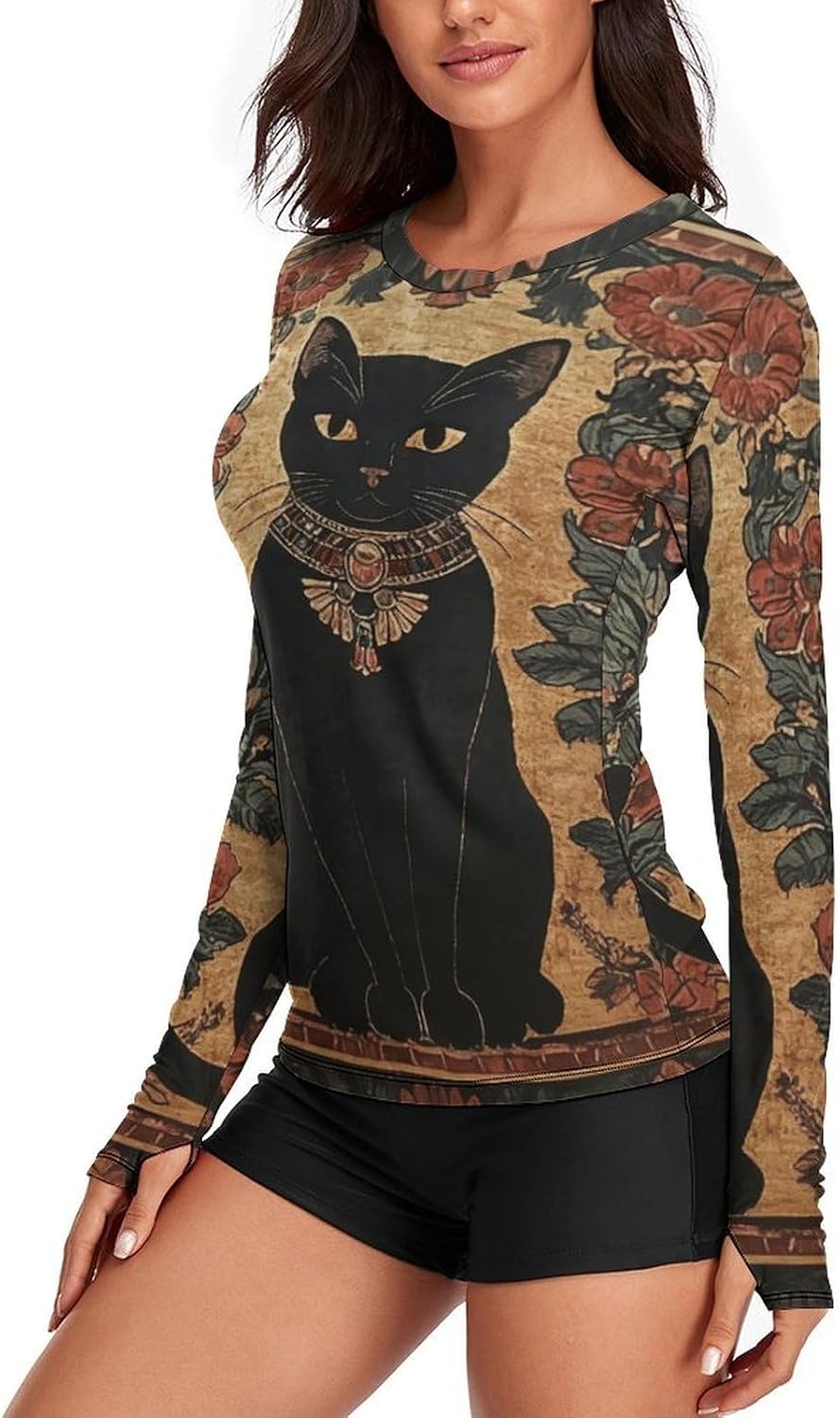 Black Cat Rash Guard for Women UPF 50+ UV Sun Protection | Long Sleeve Workout Top Quick Dry Athletic Hiking Shirt Moisture Wicking Swim Shirt for Running, Cycling, Swimming