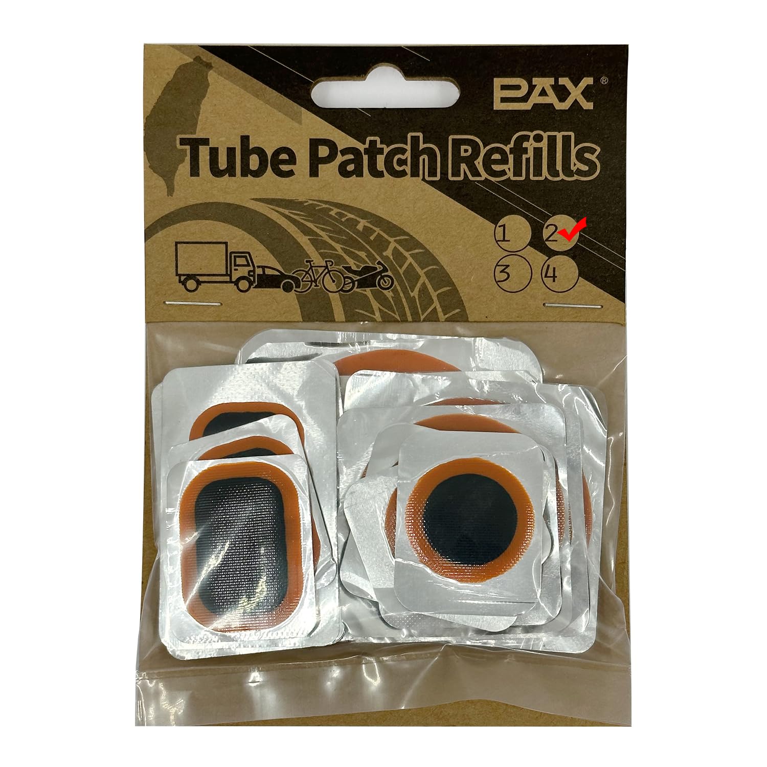 PAX 16 Pcs Inner Tube Patch Refills. Contains 2Pcs X 25mmØ/ 32mmØ/ 42mmØ/ 50mmØ/ 60mmØ, 2 Pcs X 24x41mm/ 24x35mm/ 34x52mm. Suitable for Bicycle, Motorcycle, Scooter, River Floating, Inflatable Rubber